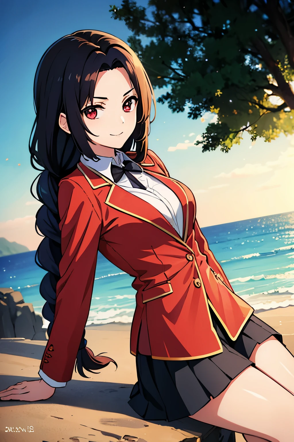 (masterpiece:1.2, Highest quality),(Anime Style),Visible from the knees to the head, girl,Blood red eyes,Tree Eyes,smile,Not dark hair,(Sky blue hair),Bangs divided into left and right,Long Hair,Braids Half Up,Her hair is tied back a little,Black mini skirt,金色の縁取りのRed blazer,(Red blazer)