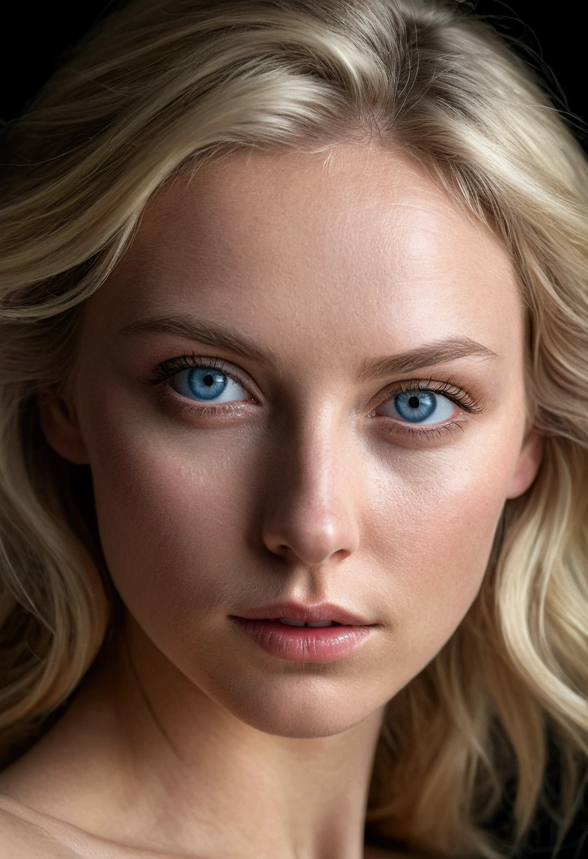 a realistic portrait of a white blonde British woman with perfect face and blue eyes, looking softly at the viewer, detailded face, detailded eyes, detailded lábios vaginais, detailded ânus, perfect slim body, model shooting style, completely naked, showing vagina, anus and buttocks. soft lighting and natural shadows, professional photograpy, photorrealistic, detailded, on a dark background in the studio room, CRU, analog, sharp focus, 8k, High definition, dslr, high qualiy, Fujifilm XT3, film grain, awardwinning, Artwork