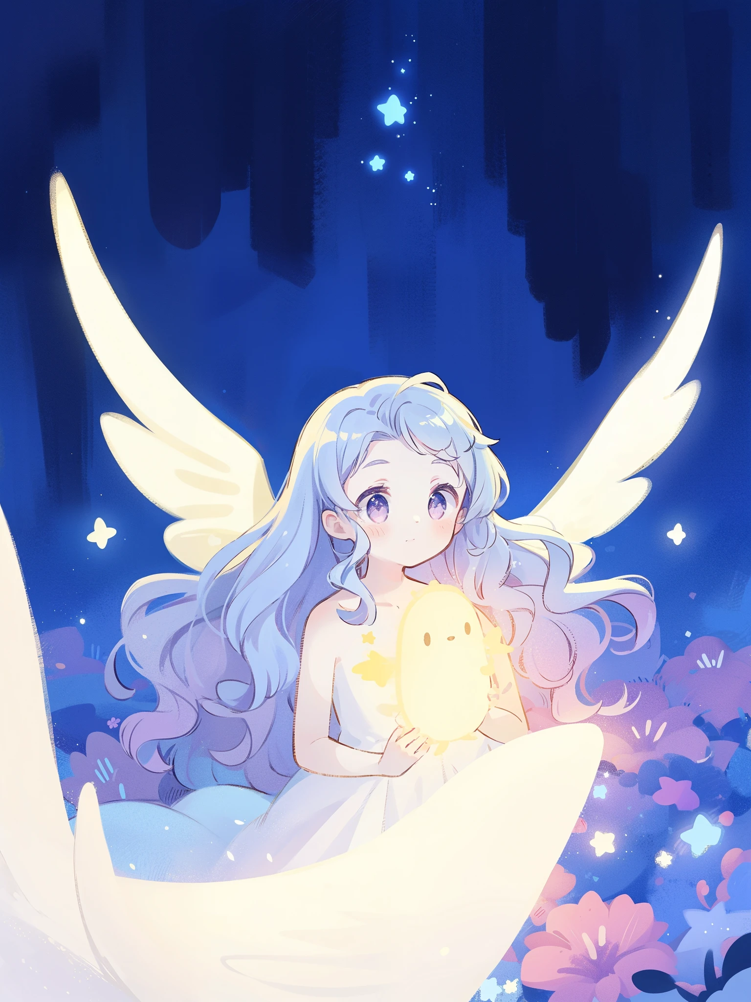 nude angel girl wearing an ethereal translucent dress, pale skin, ((wavy gradient blue purple hair)), white feathers, angel wings, sparkling detailed eyes, golden ratio face, perfect composition, highly detailed, ethereal, (starry night sky background), midjourney style