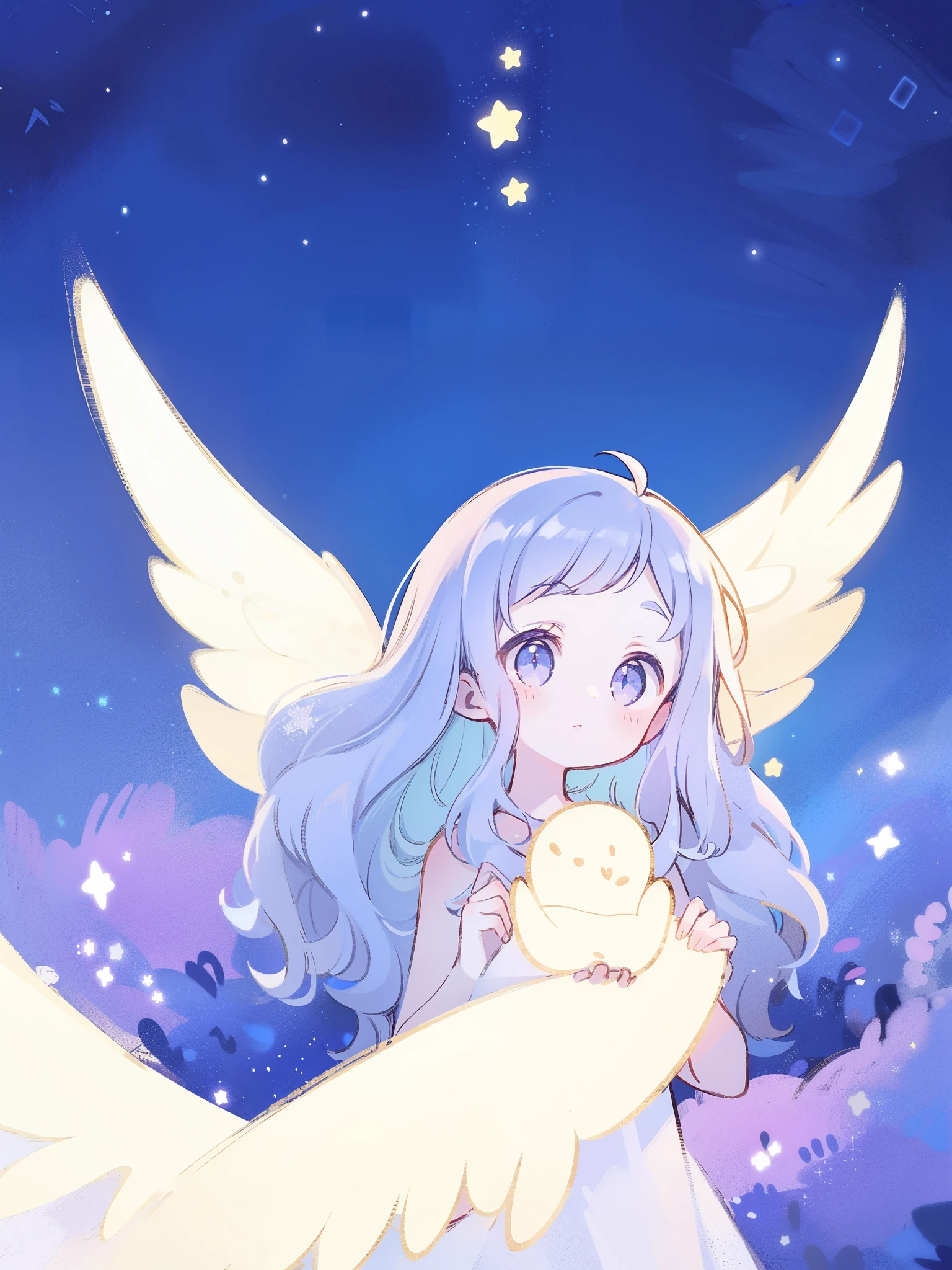 nude angel girl wearing an ethereal translucent dress, pale skin, ((wavy gradient blue purple hair)), white feathers, angel wings, sparkling detailed eyes, golden ratio face, perfect composition, highly detailed, ethereal, (starry night sky background), midjourney style