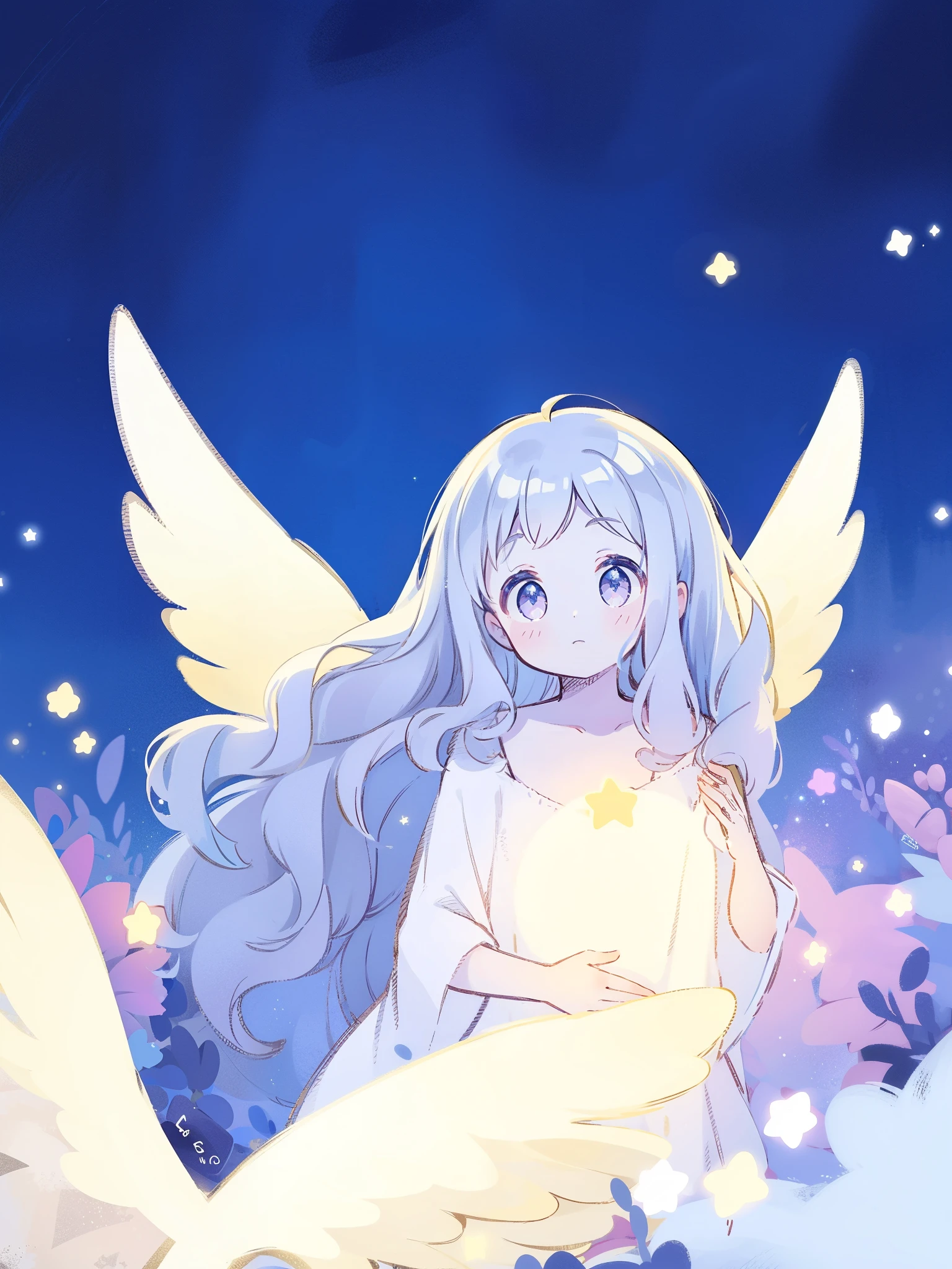 nude angel girl wearing an ethereal translucent dress, pale skin, ((wavy gradient blue purple hair)), white feathers, angel wings, sparkling detailed eyes, golden ratio face, perfect composition, highly detailed, ethereal, (starry night sky background), midjourney style