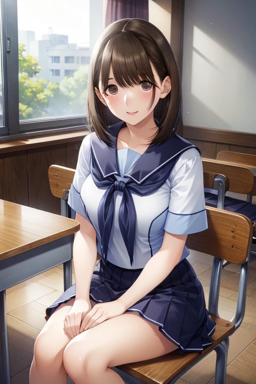 Nene Kasaki々、Shiny brown hair, short hair, Beautiful brown eyes、smile、Sparkling eyes, (fine grain)、Very fine eye、Highly detailed face, Highly detailed eyes,


(masterpiece:1.3, Highest quality, 超High resolution, Super detailed), 

Short-sleeved white sailor suit、Navy blue mini pleated skirt、Very short mini skirt、Bare thighs、

Hyper Detail，High resolution，Hyper Detail，Highest quality，，Highest quality，Cinema Lighting，静かなclassroom，A girl studying、Being seen by classmates around，Please turn off your mobile phone、Look down to study，classroom，Sit on a chair