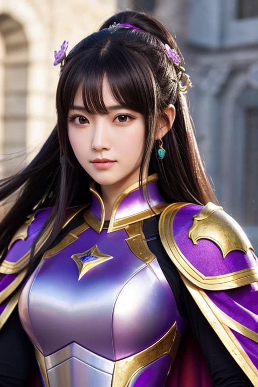Close-up of a woman in armor and a purple cape, Koei Tecmo, Zhao Yun, China'Three Kingdoms, Bianlian, Genghis Khan, Feng Shui, ponytail, Xianxia Hero, Chinaの戦士,