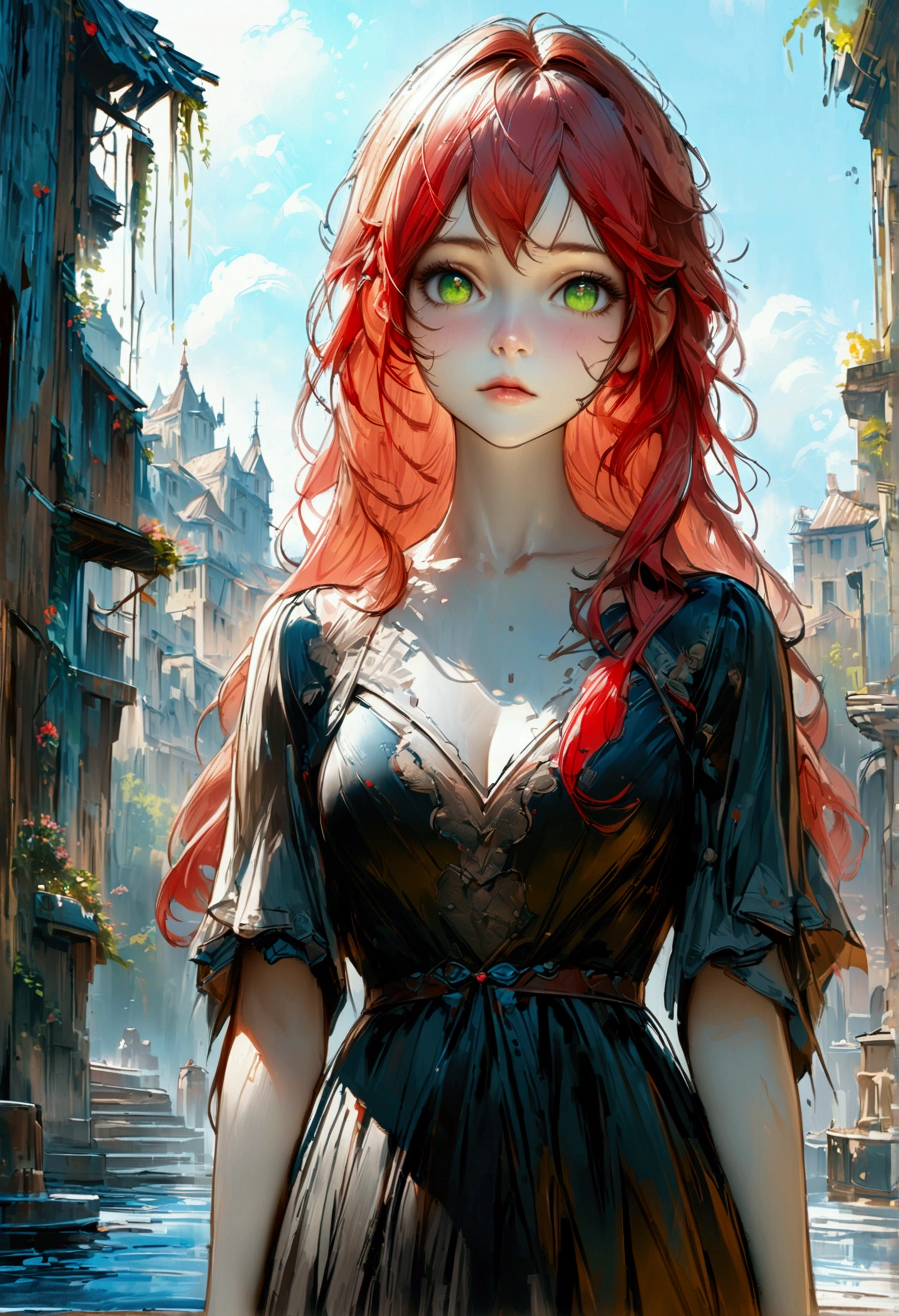 Realistic Digital Painting with Concept Art Elements"," digital painting," "concept art," , "high detail", "high-res", "ominous aura,", "8k resolution", "oil painting", "darker tone" , "little saturation" ,"dark feeling", "concept art" , "detailed features" , "detailed eyes" (masterpiece), highest quality, Expressive eyes, Perfect Face, (masterpiece), highest quality, Expressive eyes, Perfect Face, female, red Hair, Green Eyes, , Portraiture, good looking, Apathetic and tired, looking at the viewer, full body shot, "black dress" , "long hair"