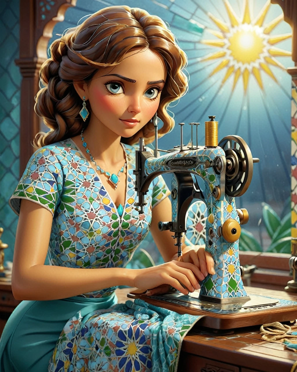 made of Moroccan mosaic print, concept art, (Cyan theme:0.7) , Characteristic Sewing machine, Stormy weather, deep focus, Sun Rays, flawless and glamourous, glittering, masterpiece, zlj-xl