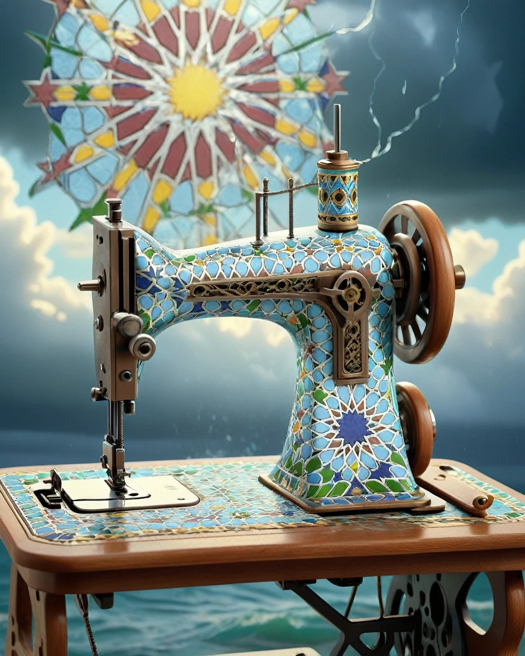 made of Moroccan mosaic print, concept art, (Cyan theme:0.7) , Characteristic Sewing machine, Stormy weather, deep focus, Sun Rays, flawless and glamourous, glittering, masterpiece, zlj-xl