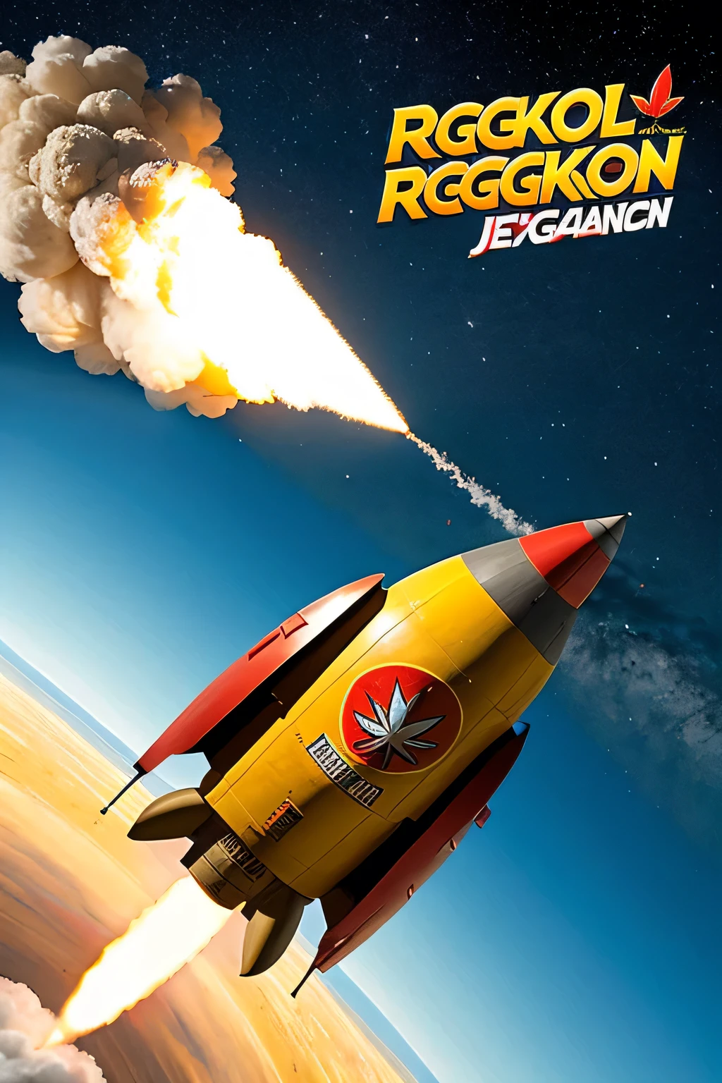 An animated rocket taking off that has logos of alcohol, sex and marijuana, funny as for the cover of a reggaeton song that says Jeanco