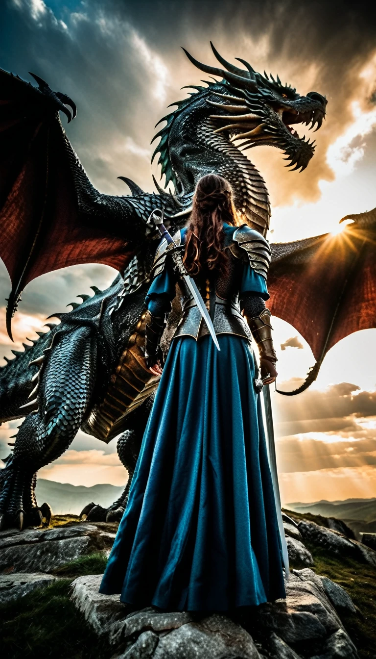 A medieval knight woman standing in front of a huge dragon, low angle shot, back view, dramatic dominating dragon, detailed armor, intricate sword hilt, flowing cape, heroic pose, cinematic lighting, fantasy landscape, moody cloudy sky, epic fantasy scene