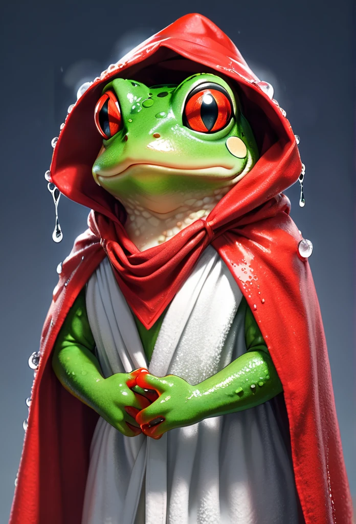 Cool frog, frog with bath towel, freshly bathed, simple background, red bandana, wet, brave, cape, best quality, super detailed, ultra high resolution