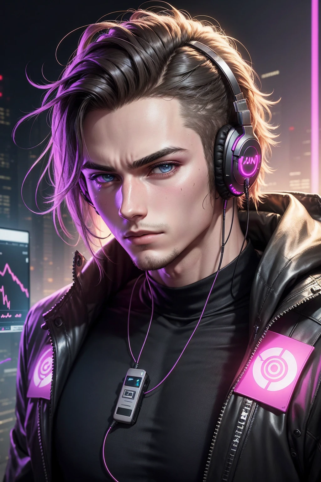 Generate an a 21 year old man in front of computer with headphones , realistic ultra realistic face with cyberpunk background