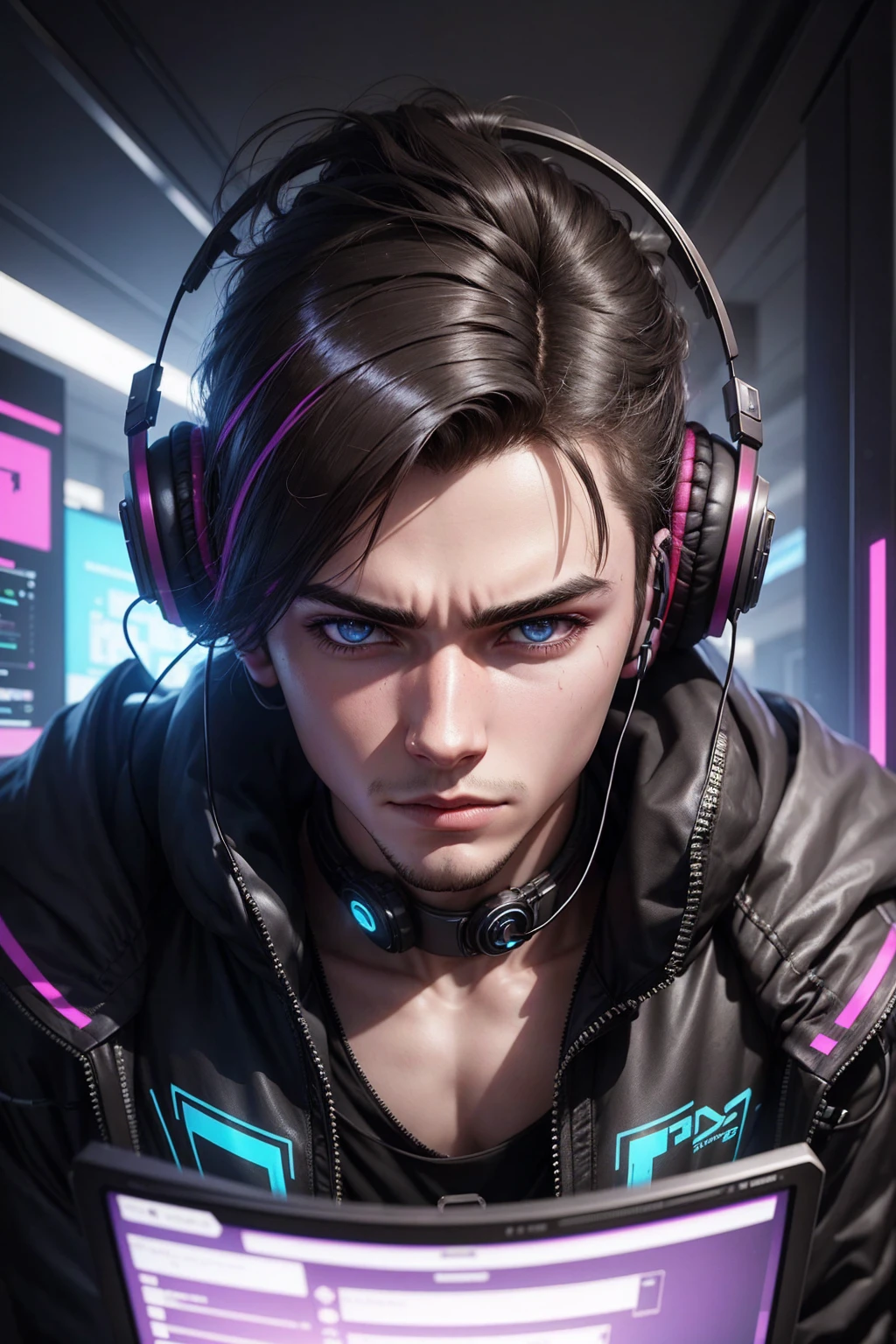 Generate an a 21 year old man in front of computer with headphones , realistic ultra realistic face with cyberpunk background