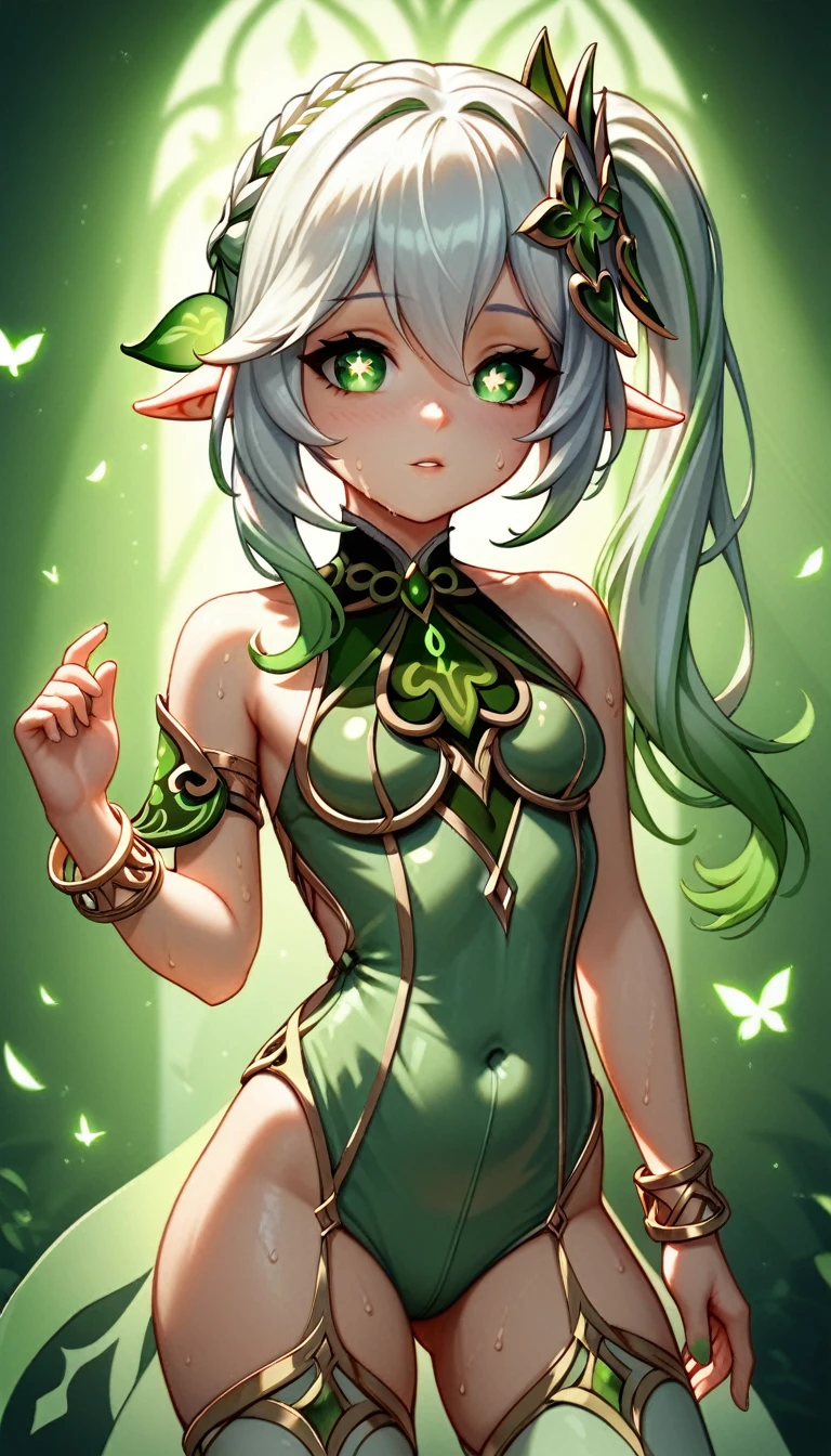 (masterpiece, Highest quality, Ultra-high resolution), 1girl, Genshin Impact, Nahida, green eyes, jewelry, bracelet, multicolored hair, side ponytail, hair ornament, pointy ears, gradient hair, green hair, white hair, cross-shaped pupils, hair between eyes, cute face, Anime face, Glossiness, shiny, whole body slimy, Sweat, steamy, Glossiness, (green latex bodysuit), The clothes fit perfectly, latex suit has a strong metallic sheen, backlight, 