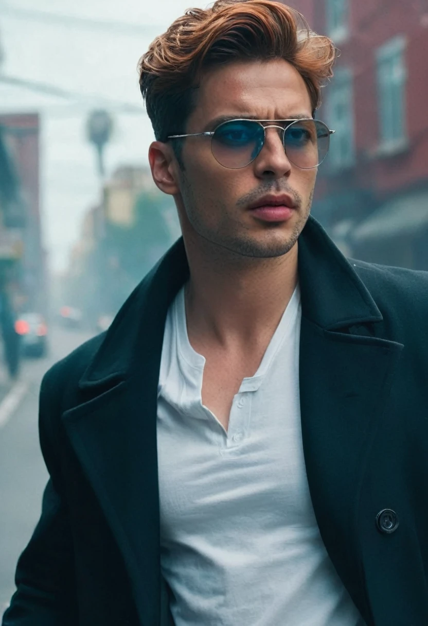 An agent walks down the street，Look ahead. Wearing an elegant black coat, and white t-shirt. white t-shirt, His lips were tightly closed，Eyes are nervous. holding a gun with other hand in his leg pocket, The situation is dangerous and serious. colored. hazy blue atmosphere. An atmosphere full of mystery and intrigue. has reading glasses and salt and pepper hair with serious look