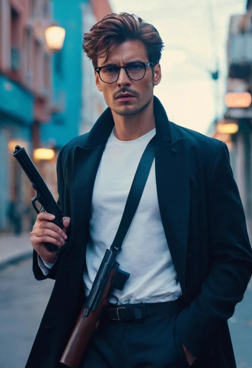 An agent walks down the street,Look ahead. Wearing an elegant black coat, and white t-shirt. white t-shirt, His lips were tightly closed,Eyes are nervous. holding a gun with other hand in his leg pocket, The situation is dangerous and serious. colored. hazy blue atmosphere. An atmosphere full of mystery and intrigue. has reading glasses and salt and pepper hair with serious look