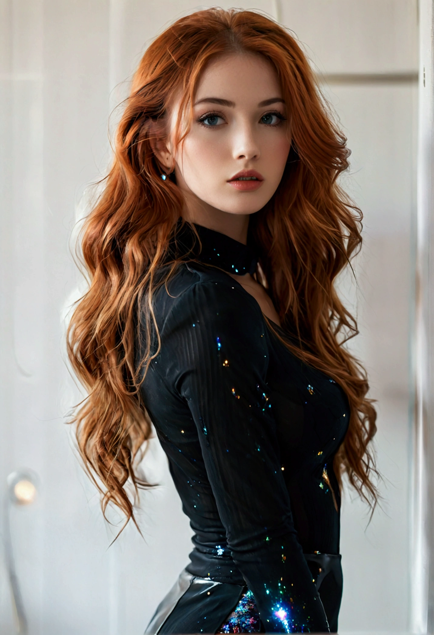 (full body shot:1.7) photorealistic image of a (standing pose:1.7) ultrarealistic, photography, long red hair, woman, 24 years old, hourglass figure, perfect body, Flirty look, natural medium breasts, blur background, professional, (4k photo:1.1), (Arian Mark:0.3), (Sharp focus:1.3), high detail (front view), wearing (tight shirt:1.2), tight micro skirt, shiny tights, (beautiful detailed face), (seductive:1.1), (blushing:1.1), full body with visible face, she wears black high heels, long seductive legs, show legs, show her legs, long legs, show her feet, full body picture, full body shot, wide angle, wide angle shot, wide angle picture