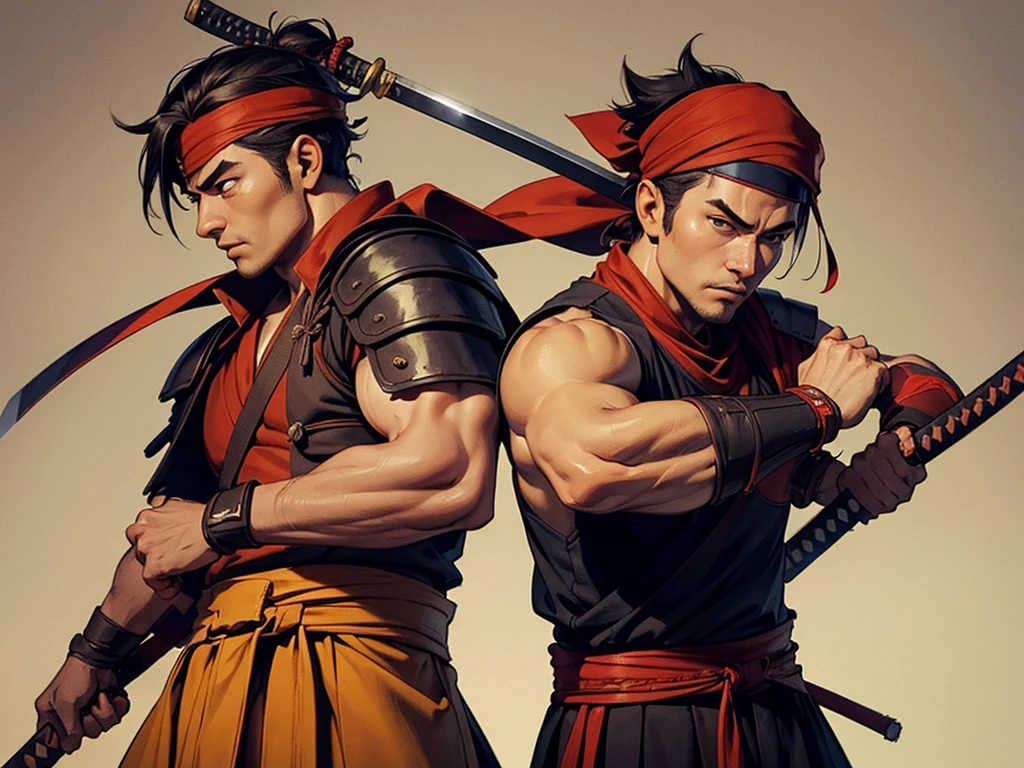 Prompts Txt2Img Um samurai musculoso, with a red bandana on his head and carries two katanas, one in each hand.