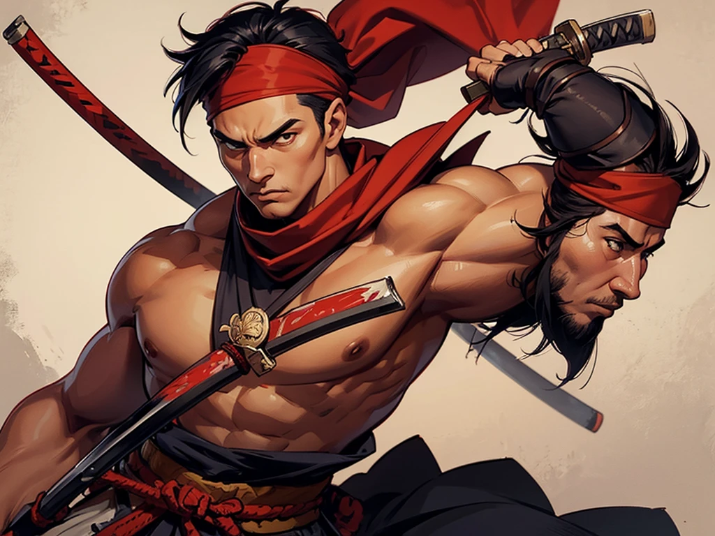 Prompts Txt2Img Um samurai musculoso, with a red bandana on his head and carries two katanas, one in each hand.