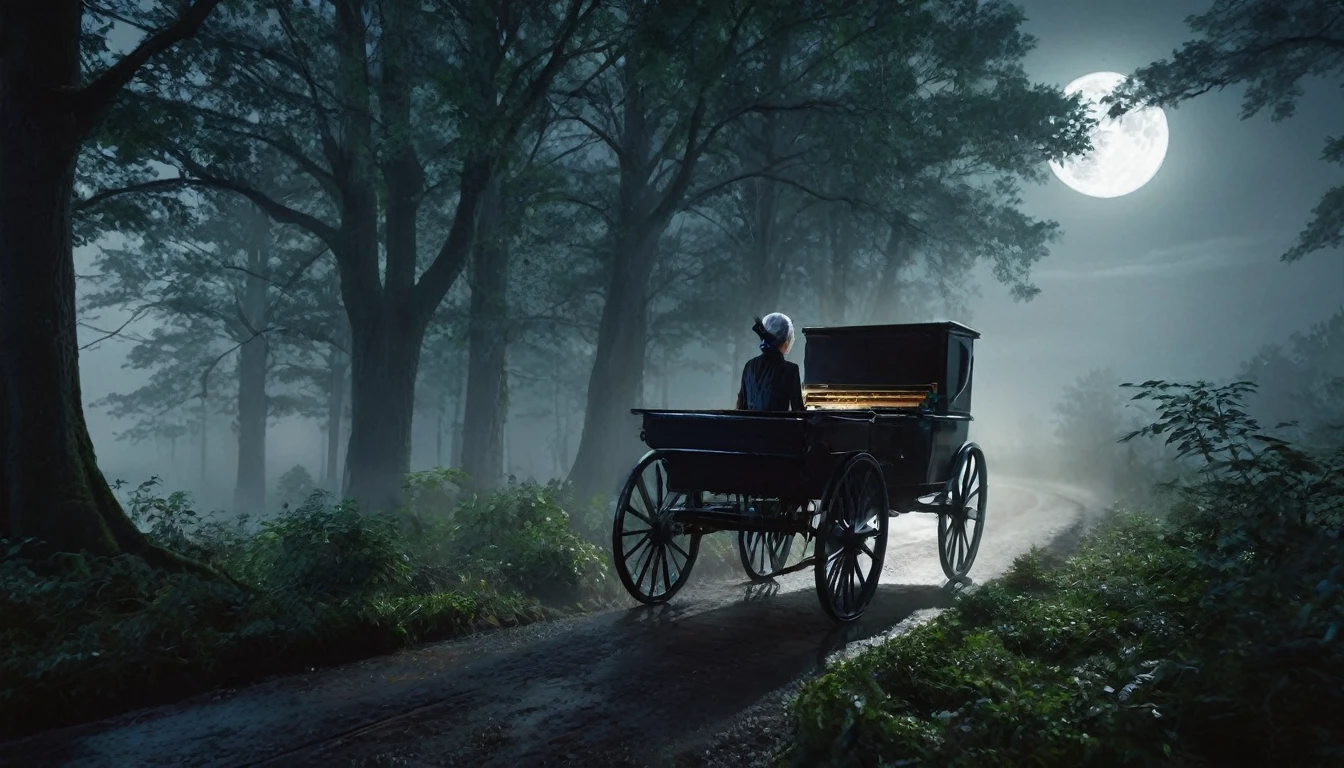 A grand, open carriage speeding through a dark, misty forest at night. The Nightshade Sister is seated on the back of the carriage, playing a grand piano with intense focus. The trees are tall and twisted, and the moonlight barely penetrates the thick canopy. The atmosphere is mysterious and foreboding.",