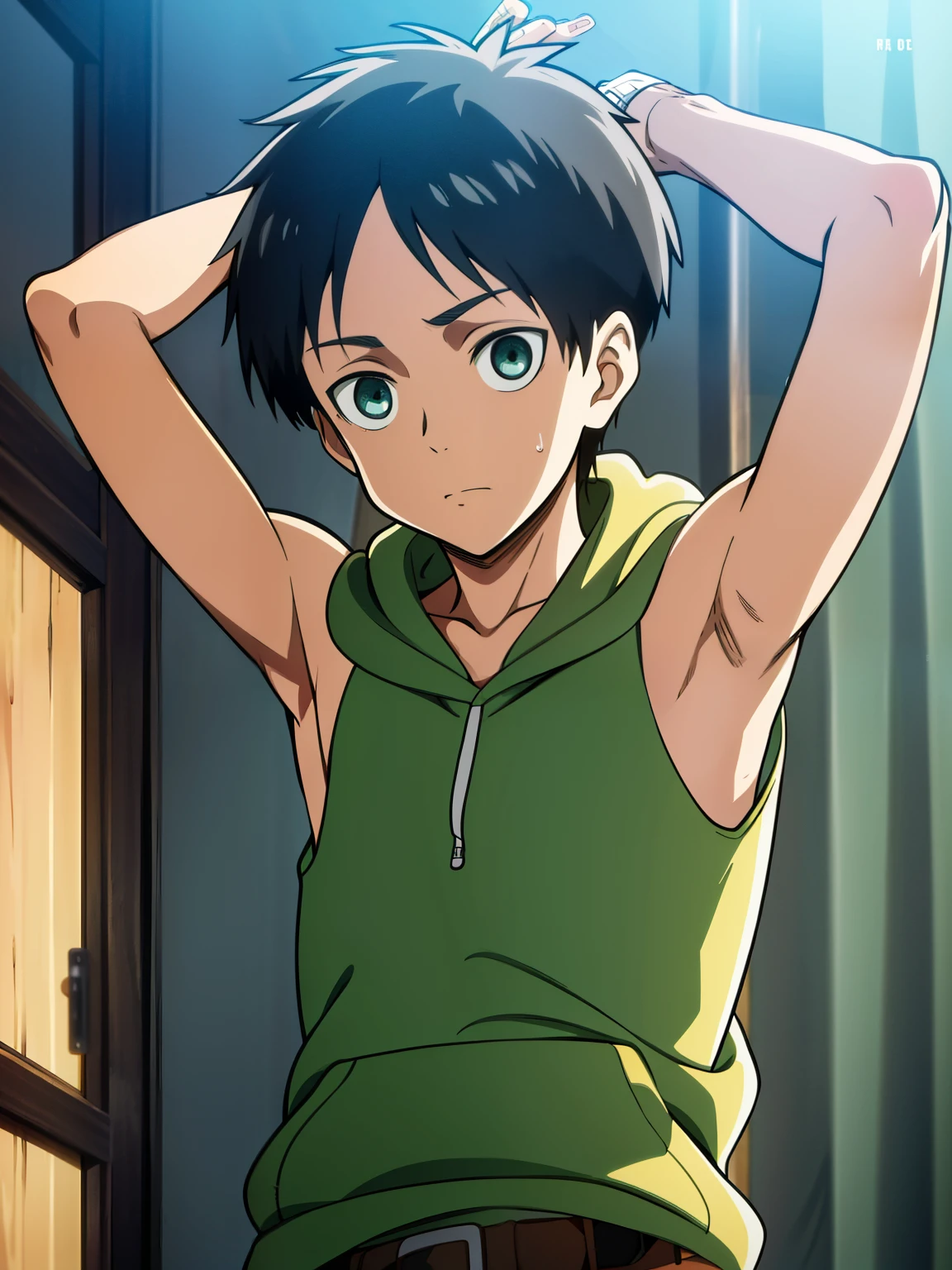 Highres, Masterpiece, Best quality at best,Best Quality,hight quality, hight detailed, 1boy, Shota, boy, Eren yeager, Sleeveless hoodie, Upper body, (very small and short stature), (very young boy), (very small and short body), 12-year-old boys, (Showing armpit:1.3), hansome, UHD, Smooth image, bokeh