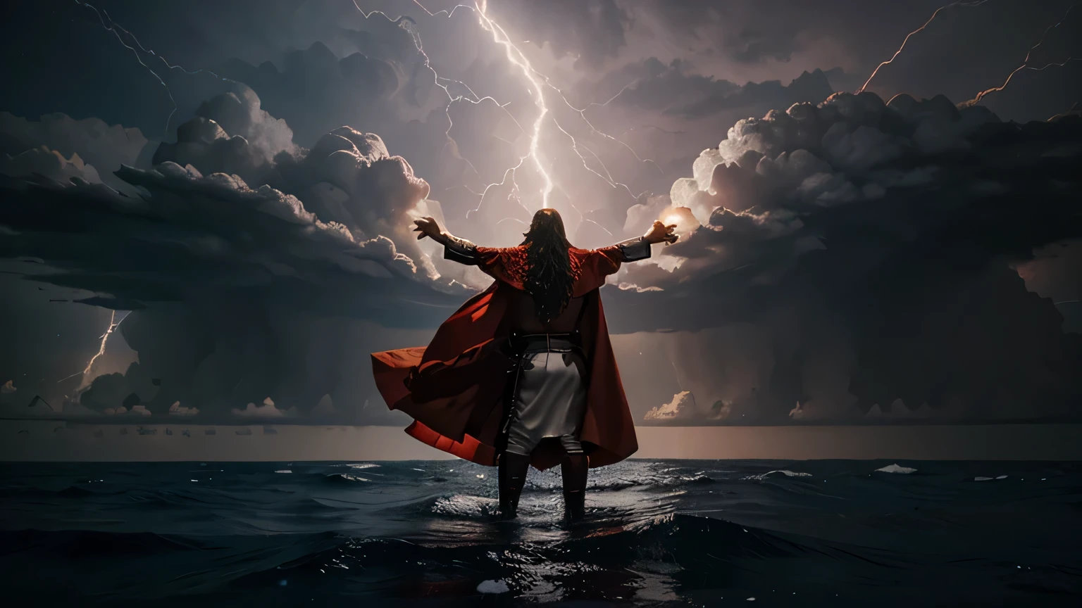 a heavily armed Jesus warrior, red cape, outstretched hand in the middle of electric storm at sea, planet earth, powerful divine energy,