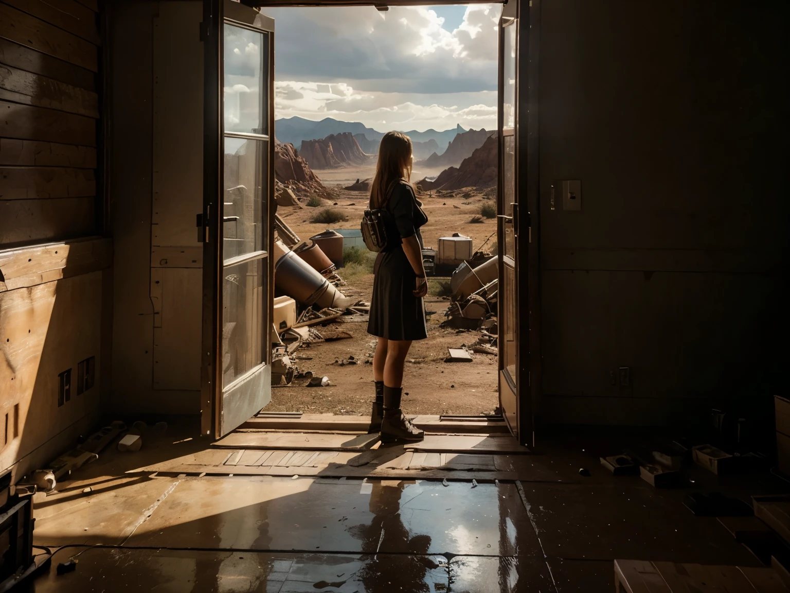 (8k),(masterpiece),absurd, tall, ultra-detailed, young woman standing in a doorway, doorway leading to exterior scene, girl is standing, looking out, (1girl:1.3),, BREAK, Discreet lighting, gloomy atmosphere, dark shadows, subtle highlights, mysterious aura, BREAK, panoramic photography, wide-angle perspectives, breathtaking landscapes, stunning views, expansive scenes, visual depth, breathtaking perspectives, (post-apocalyptic wastelands), (red rock canyon), view from a wooden shack, ((view of a warehouse window)), in the foreground boxes of ammunition and tank shells