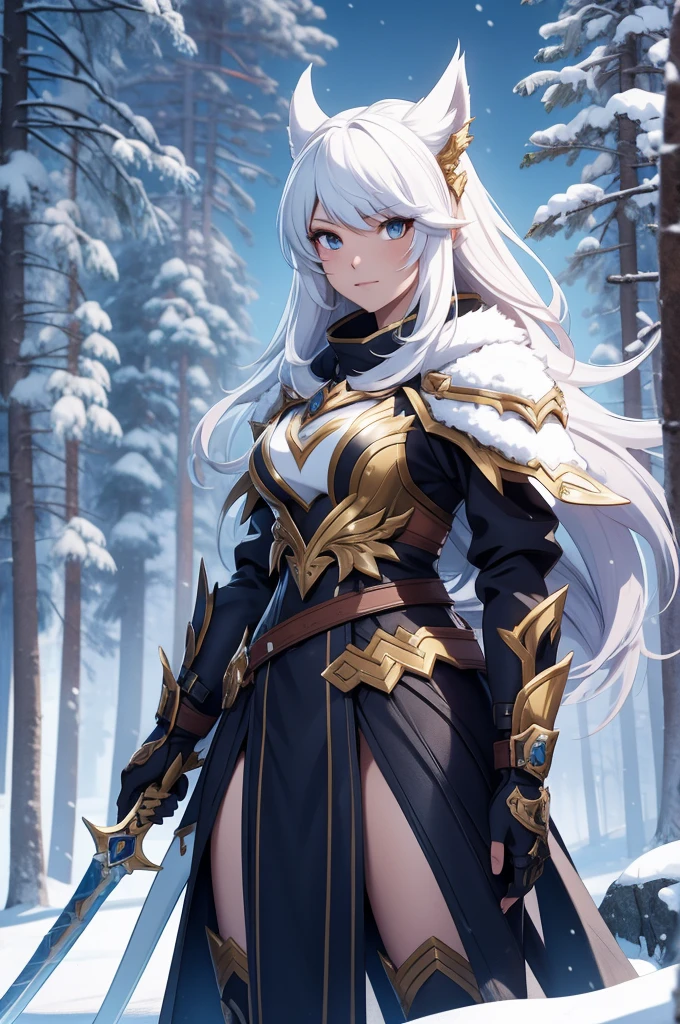 a woman with a sword and a wolf outfit in the snow, an anime drawing inspired by rossdraws, Artstation contest winner, fantasy art, a very beautiful berserker woman, trending on artstation pixiv, detailed anime character art, clean detailed anime art, detailed anime artwork, forest hunter lady, extremely detailed artgerm, detailed anime art, detailed digital anime art