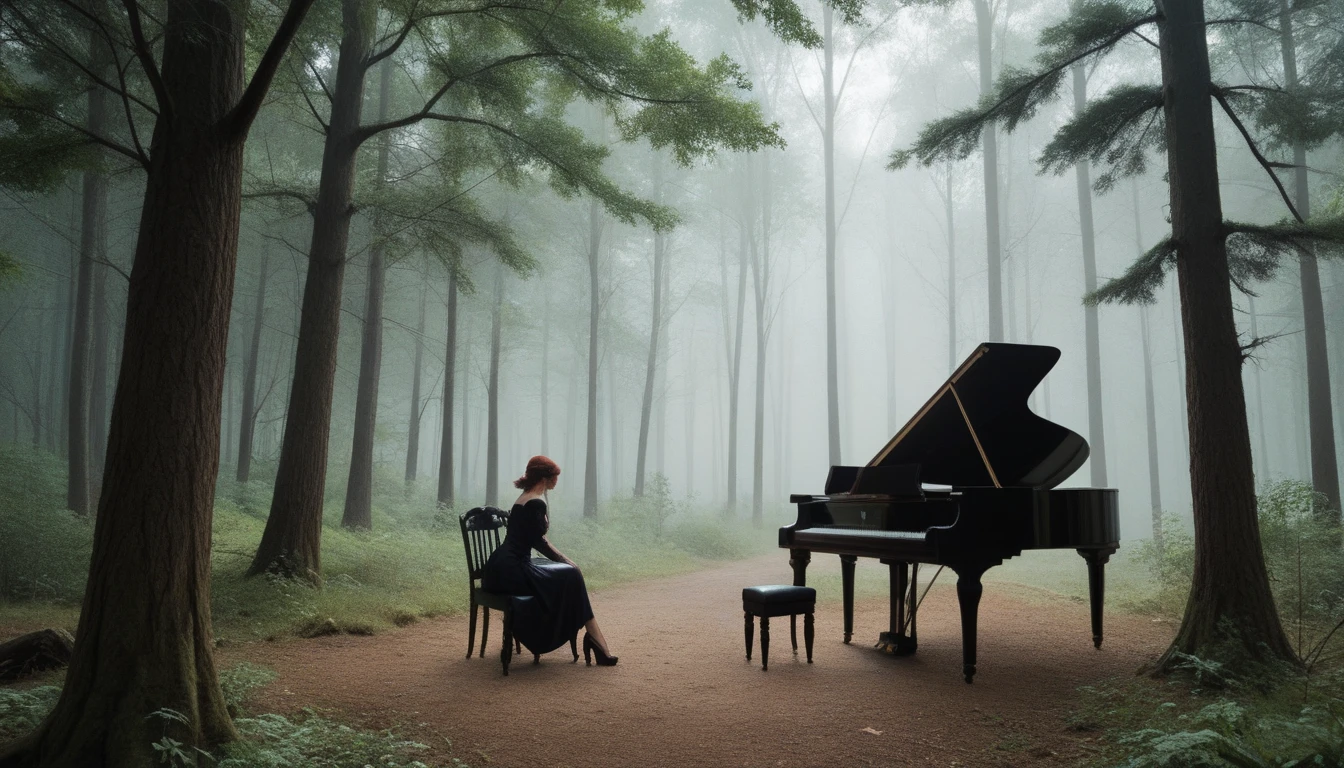 A grand, open carriage speeding through a dark, misty forest at night. The Nightshade Sister is seated on the back of the carriage, playing a grand piano with intense focus. The trees are tall and twisted, and the moonlight barely penetrates the thick canopy. The atmosphere is mysterious and foreboding.",
