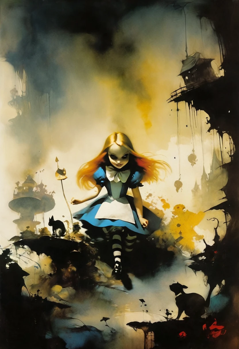 Alice in Wonderland in the style of Ashley Wood. Stephen Gammell. Frank Frazetta. masterpiece. Best quality. A beautiful cinematic impressionistic painting. Dark times, gothic. Chiaroscuro.
