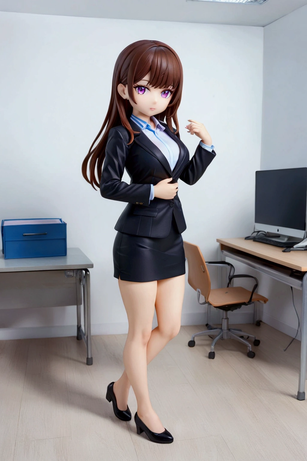 anime figurine of beauty  Thai  office lady at office room,  looking at viewer, she has a brown long hair (+ swept side bangs) and wearing black blazer, light-blue shirt and  black tube skirt, (1girl, solo, full body), (masterpiece, best quality)
