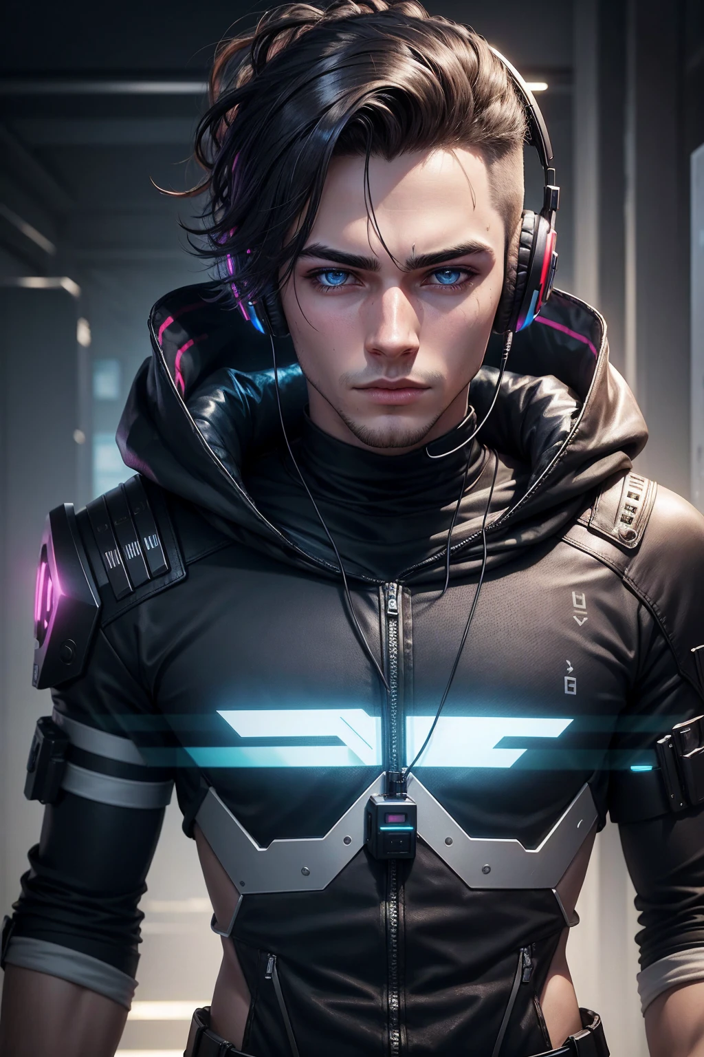 Generate an a 21 year old man in front of computer with headphones , realistic ultra realistic face with cyberpunk background