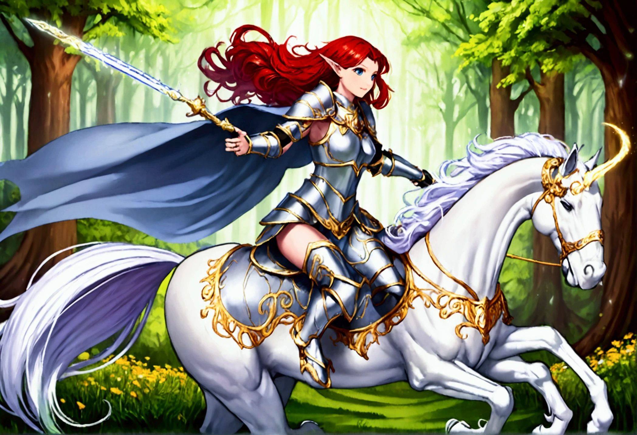 A lovely red headed elf woman (sexy mithril plate armor, ornate cape, enchanted electric lance) riding upon a powerful white steed with unicorn themed mithril barding. enchanted forest
