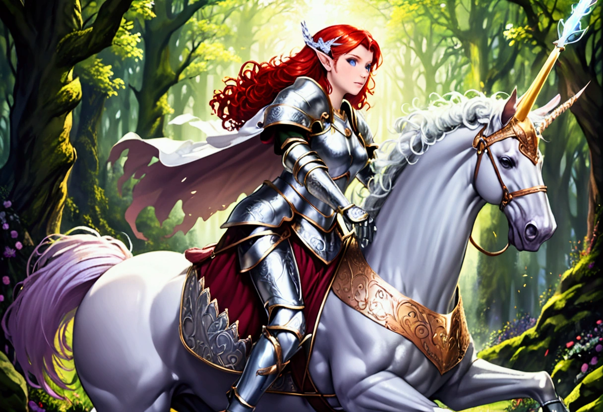 A lovely red headed elf woman (sexy mithril plate armor, ornate cape, enchanted electric lance) riding upon a powerful white steed with unicorn themed mithril barding. enchanted forest