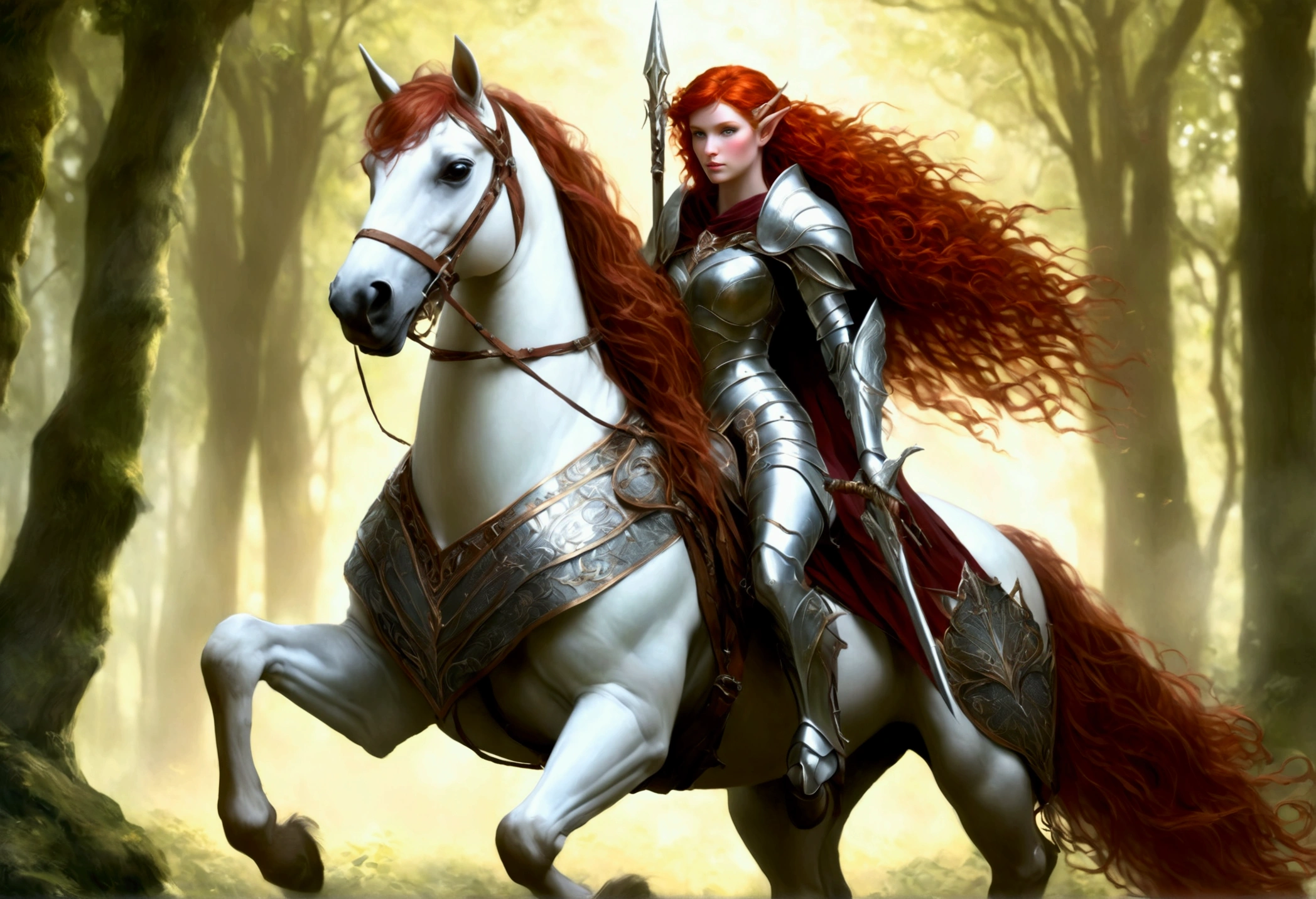 A lovely red headed elf woman (sexy mithril plate armor, ornate cape, enchanted electric lance) riding upon a powerful white steed with unicorn themed mithril barding. enchanted forest
