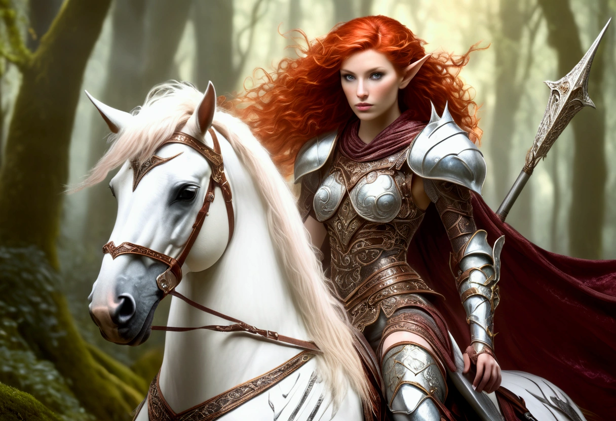 A lovely red headed elf woman (sexy mithril plate armor, ornate cape, enchanted electric lance) riding upon a powerful white steed with unicorn themed mithril barding. enchanted forest