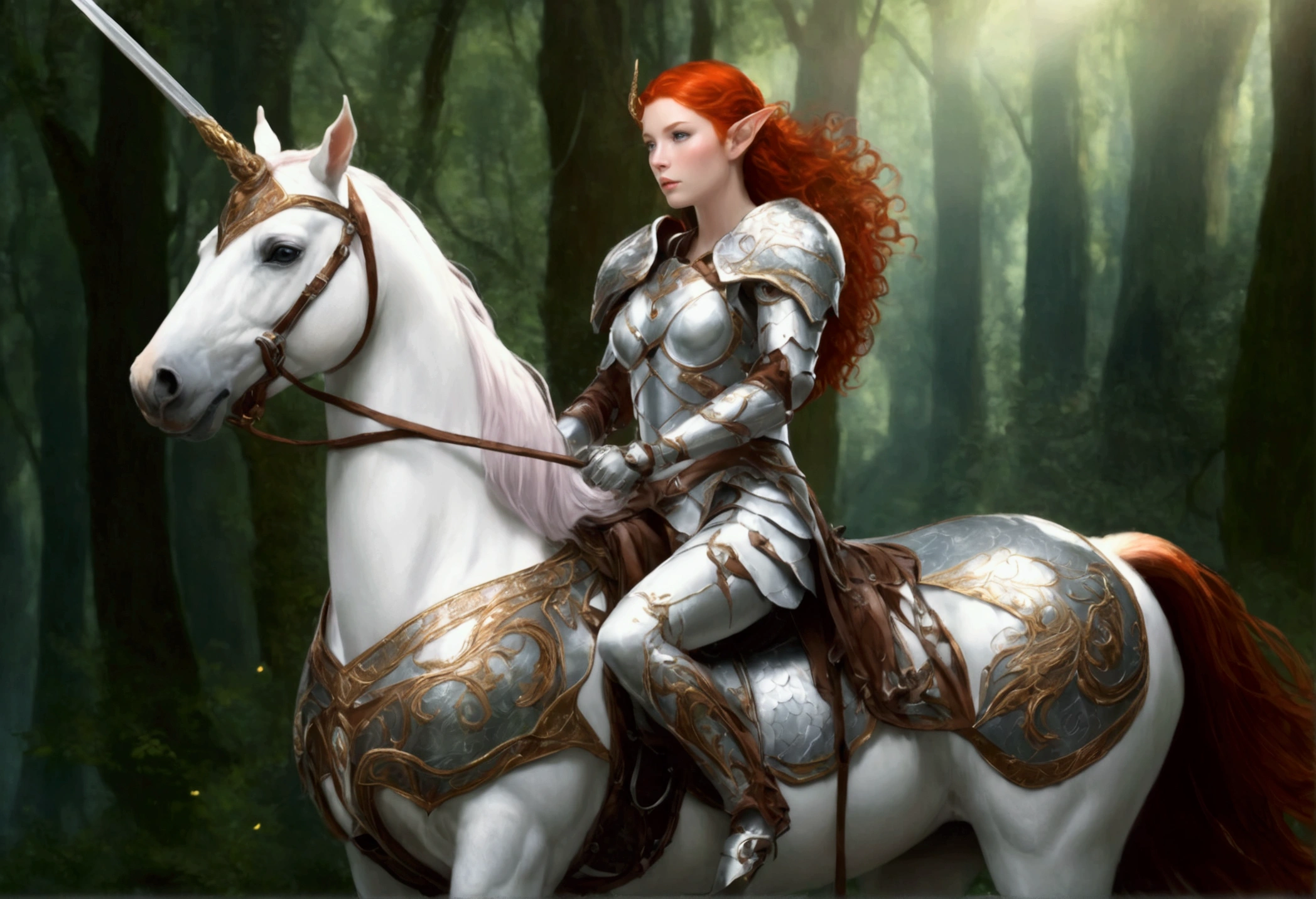 A lovely red headed elf woman (sexy mithril plate armor, ornate cape, enchanted electric lance) riding upon a powerful white steed with unicorn themed mithril barding. enchanted forest