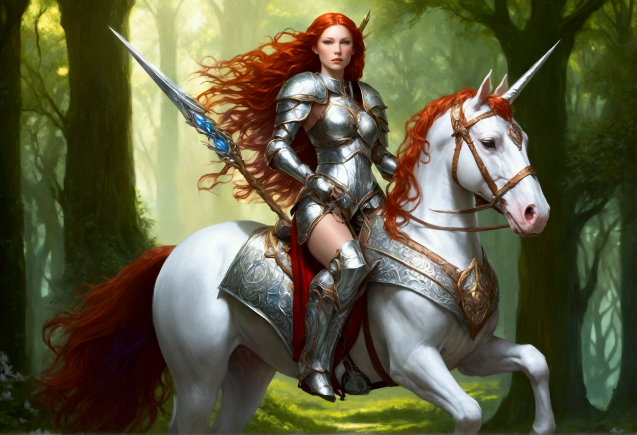 A lovely red headed elf woman (sexy mithril plate armor, ornate cape, enchanted electric lance) riding upon a powerful white steed with unicorn themed mithril barding. enchanted forest