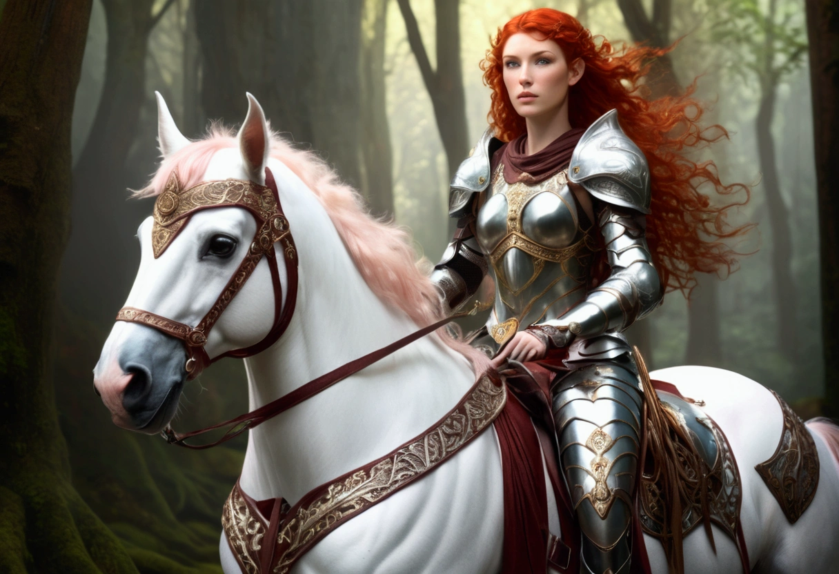 A lovely red headed elf woman (sexy mithril plate armor, ornate cape, enchanted electric lance) riding upon a powerful white steed with unicorn themed mithril barding. enchanted forest
