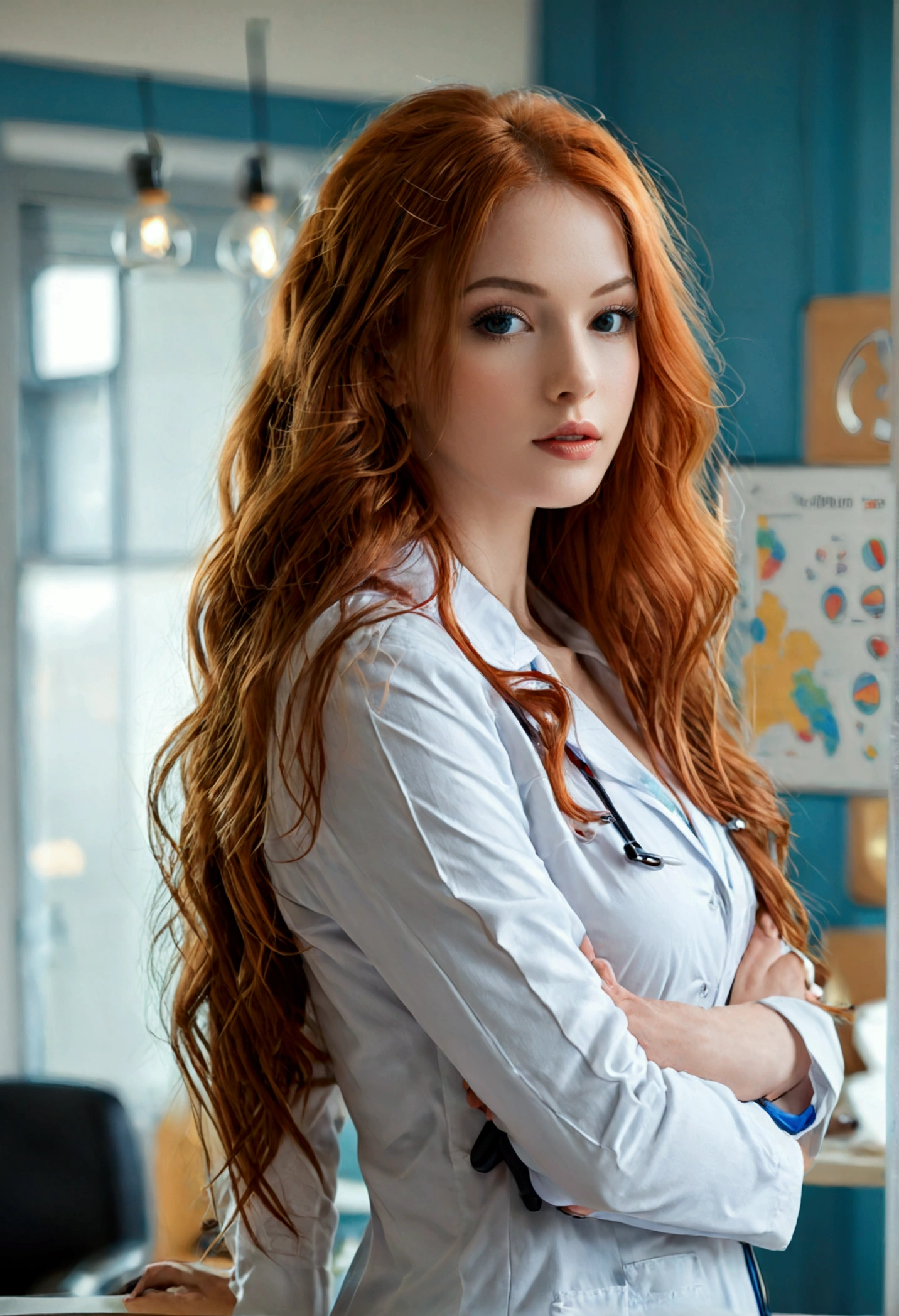 (full body shot:1.7) photorealistic image of a (standing pose:1.7) ultrarealistic, photography, long red hair, woman, 24 years old, hourglass figure, perfect body, Flirty look, natural medium breasts, blur background, wearing a doctors outfit, standing in a doctors office with a chart in her hands, she wears black high heels, long seductive legs, show legs, show her legs, long legs, show her feet, full body picture, full body shot, wide angle, wide angle shot, wide angle picture