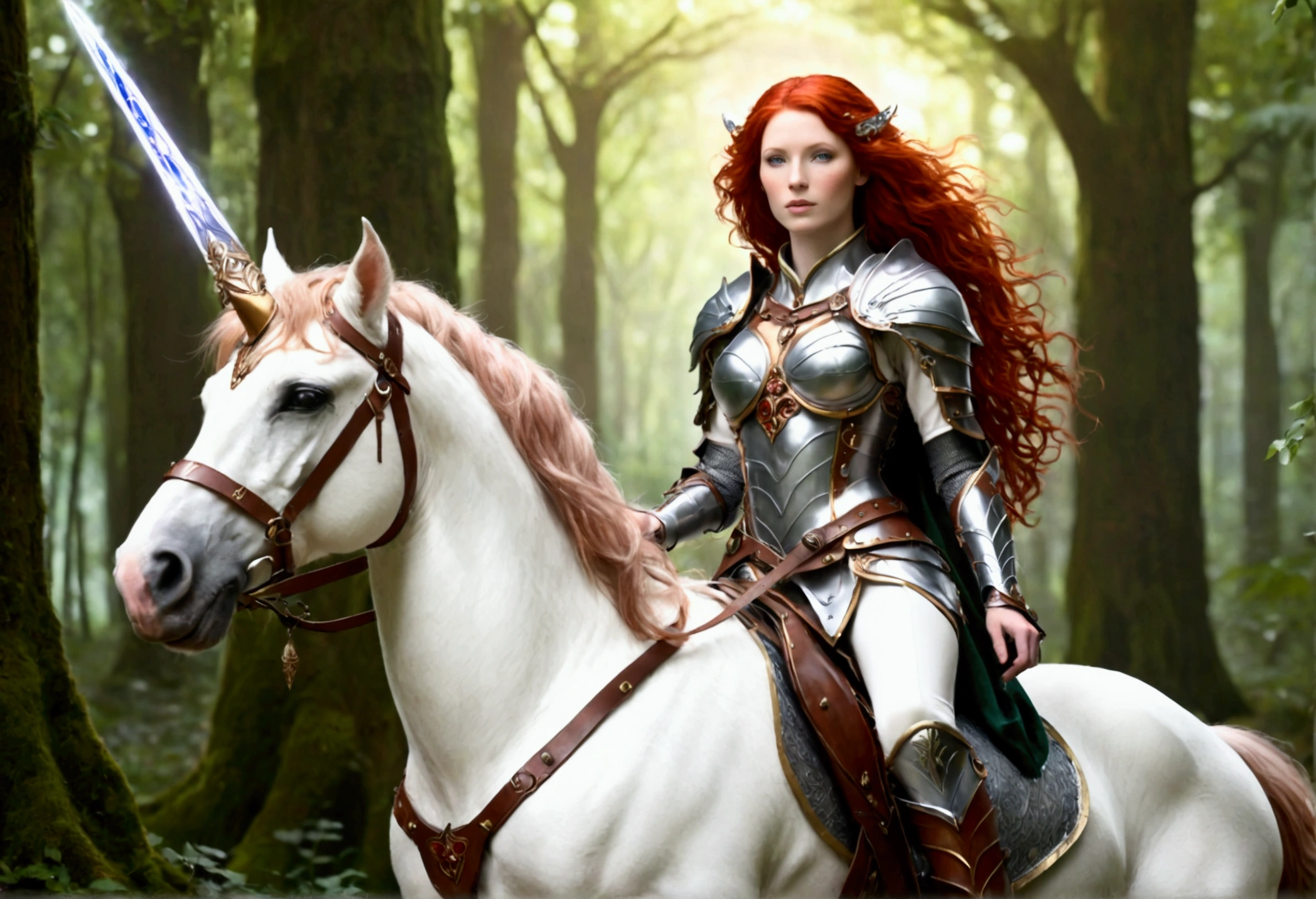 A lovely red headed elf woman (sexy mithril plate armor, ornate cape, enchanted electric lance) riding upon a powerful white steed with unicorn themed mithril barding. enchanted forest
