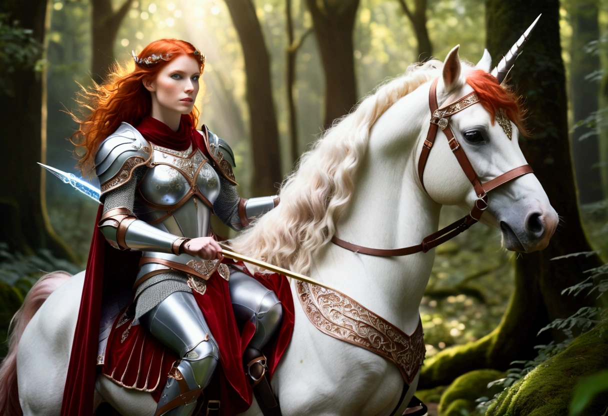A lovely red headed elf woman (sexy mithril plate armor, ornate cape, enchanted electric lance) riding upon a powerful white steed with unicorn themed mithril barding. enchanted forest