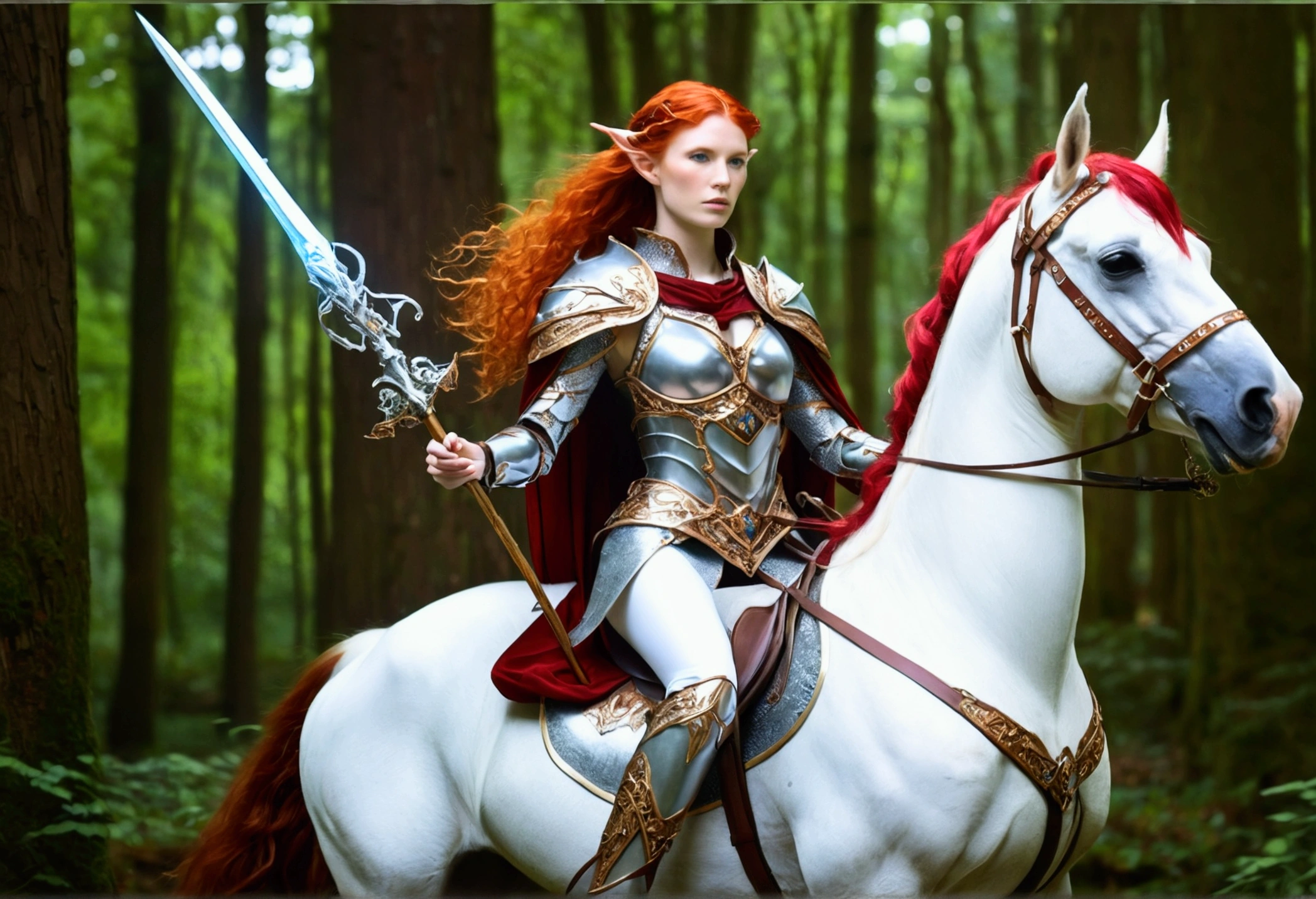 A lovely red headed elf woman (sexy mithril plate armor, ornate cape, enchanted electric lance) riding upon a powerful white steed with unicorn themed mithril barding. enchanted forest
