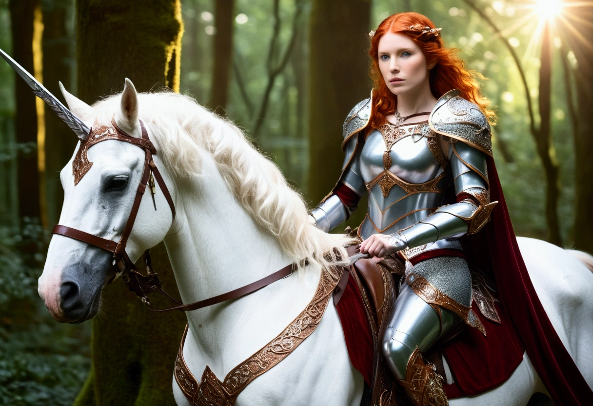 A lovely red headed elf woman (sexy mithril plate armor, ornate cape, enchanted electric lance) riding upon a powerful white steed with unicorn themed mithril barding. enchanted forest
