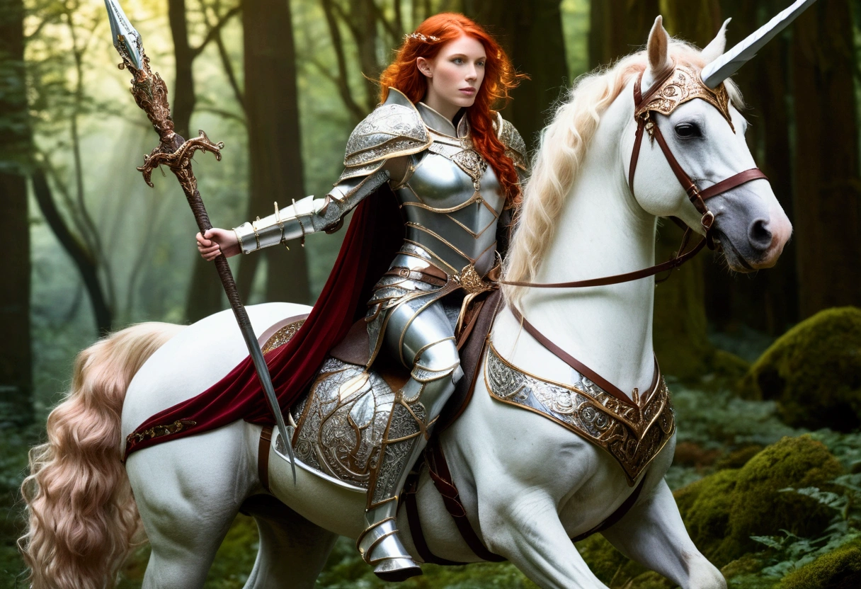 A lovely red headed elf woman (sexy mithril plate armor, ornate cape, enchanted electric lance) riding upon a powerful white steed with unicorn themed mithril barding. enchanted forest