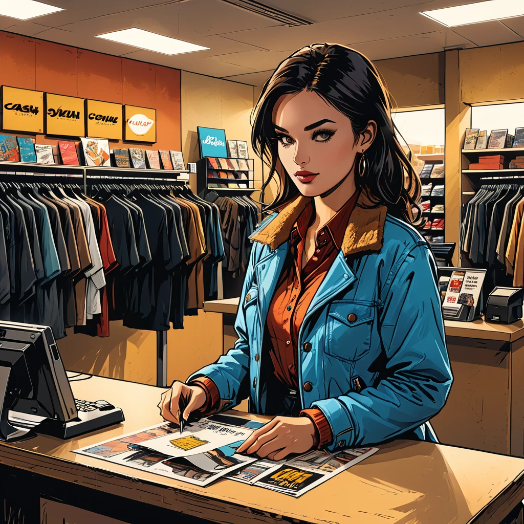 
(inside),
sign for a clothing store in a shopping center, woman boutique winter clothes, 
sales assistant at the cash counter,graphic style of novel comics, 2d, 8k, hyperrealism, masterpiece, high resolution, best quality, ultra-detailed, super realistic, Hyperrealistic art, high-quality, ultra high res, highest detailed, lot of details, Extremely high-resolution details, incredibly lifelike, colourful, soft cinematic light,