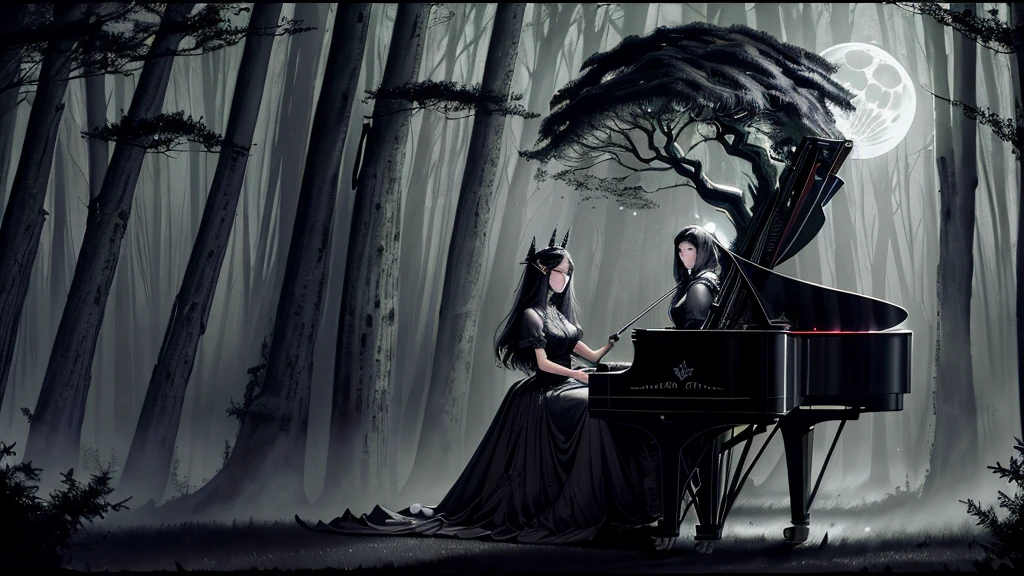 A grand, open carriage speeding through a dark, misty forest at night. The Nightshade Sister is seated on the back of the carriage, playing a grand piano with intense focus. The trees are tall and twisted, and the moonlight barely penetrates the thick canopy. The atmosphere is mysterious and foreboding.",