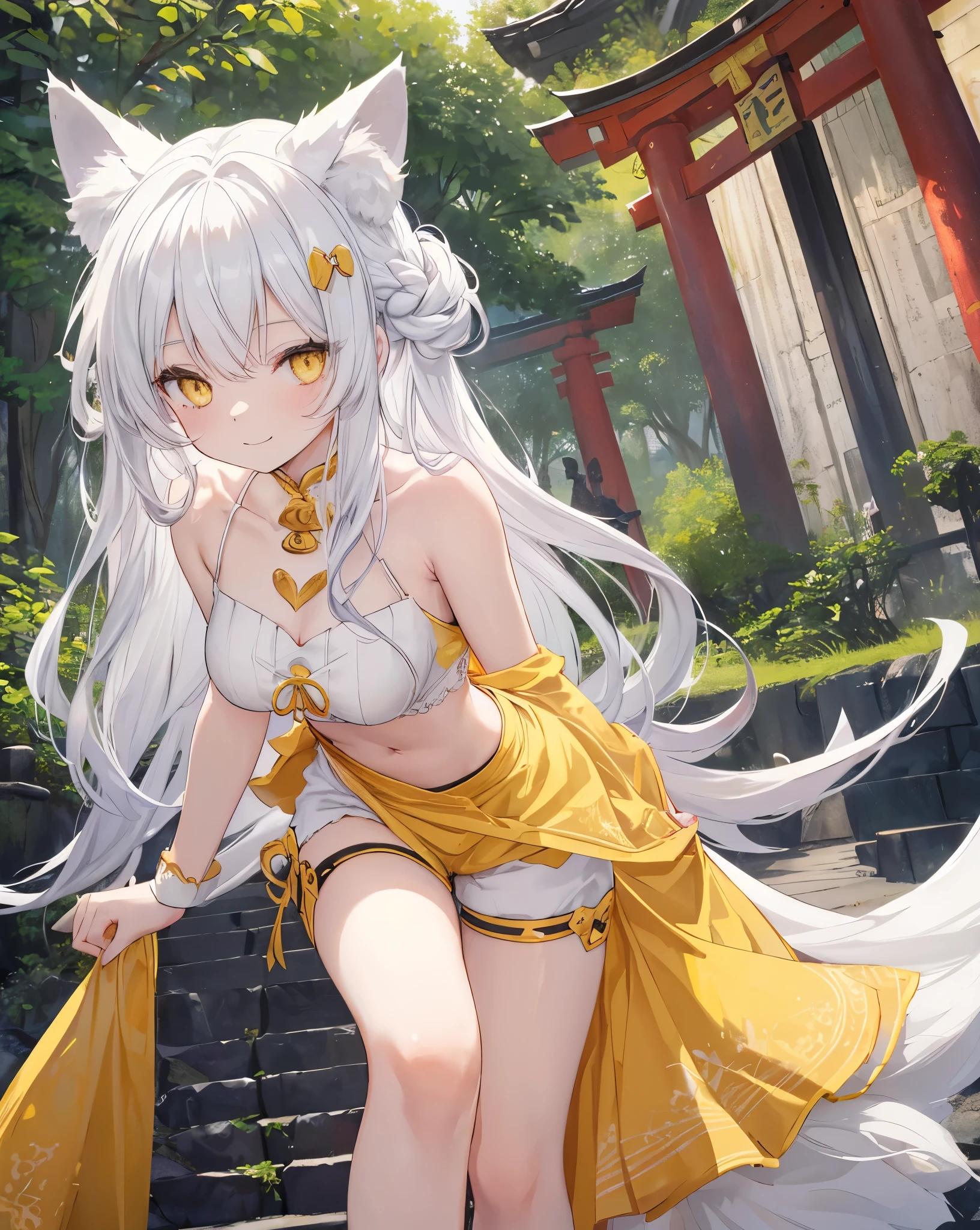  1catgirl, cat ears, (white long hair)) , oversaturated yellow eyes, intricate cool dress. Bare shoulders, crop top, Shorts. Portrait. Medium breast. Super detailed. Perfect anime yellow eyes, bare shoulders.
 Natural pose.  She's smiling , she's Smart . White fox tail. She's Climbing the temple stairs, torii, Forest 