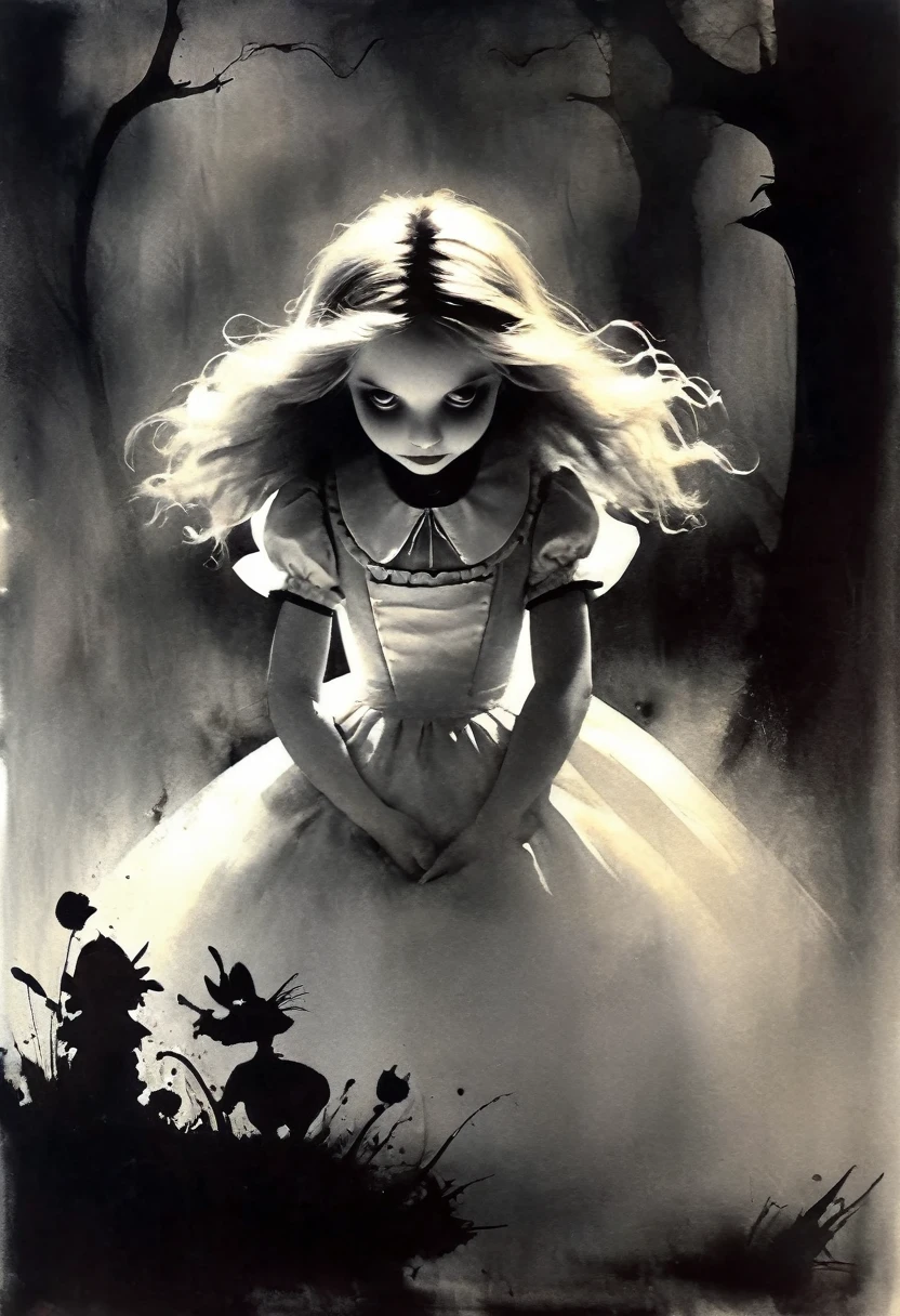 Alice in Wonderland in the style of Ashley Wood. Stephen Gammell. Frank Frazetta. masterpiece. Best quality. A beautiful cinematic impressionistic painting. Dark times, gothic. Chiaroscuro.
