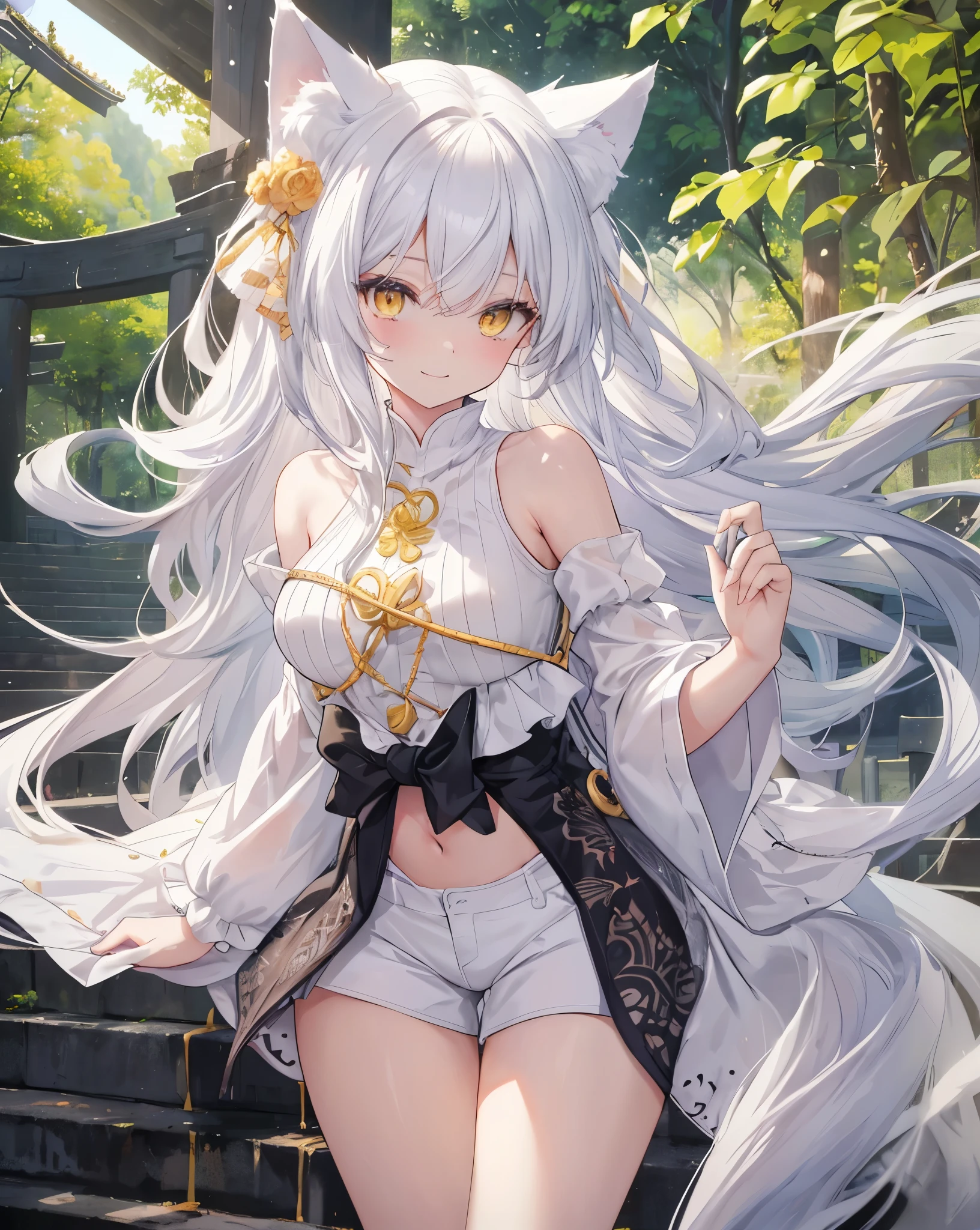1catgirl, cat ears, (white long hair)) , oversaturated yellow eyes, intricate cool dress. Bare shoulders, crop top, Shorts. Portrait. Medium breast. Super detailed. Perfect anime yellow eyes, bare shoulders.
Natural pose. She's smiling , she's Smart . White fox tail. She's Climbing the temple stairs, torii, Forest