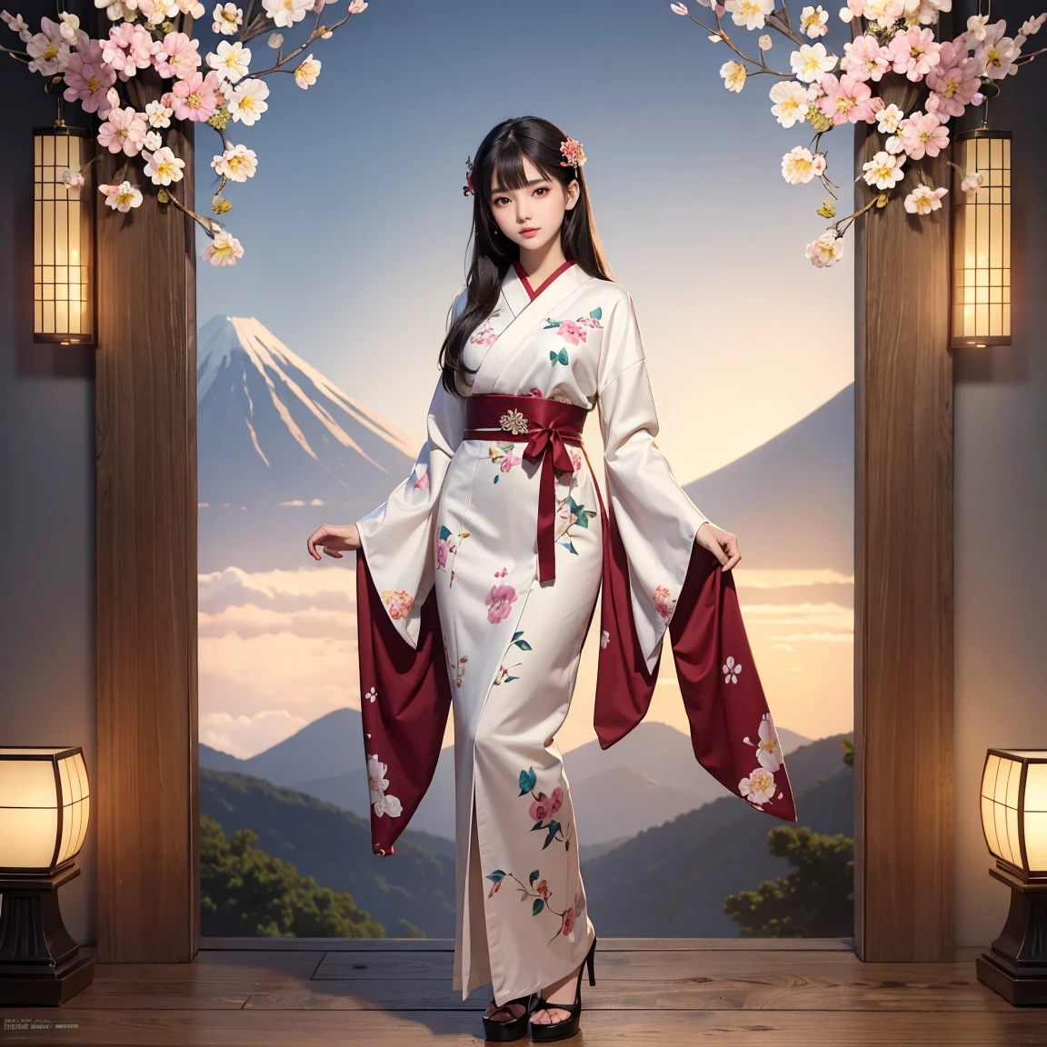 (masterpiece, best quality), ultra detailed, high resolution, 16k, the most beautiful face in the world, perfect face, delicate facial features, highly detailed beautiful face and eyes, shiny skin, highly detailed background, elaborately designed, fine cloth texture, perfect anatomy, BREAK, (gorgeous and stunning age girl in Japanese clothes:1.2), perfect make-up, deeply in love, full of elegance, (floral pattern body paint:1.2), solo, (full body:1.5)