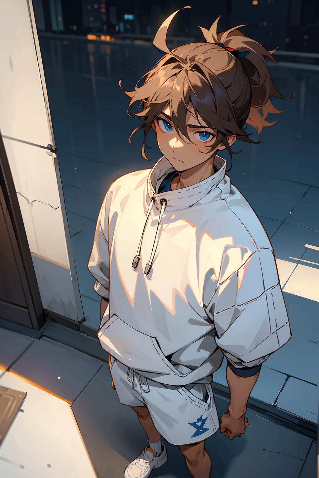 1male, teenager, brown hair, ponytail, man bun, faded sides, messy hair, deep blue eyes, calm expression, white sweatshirt, white shorts, white jordans, dark skin, standing on path, hands to side, city background, detailed background, detailed face